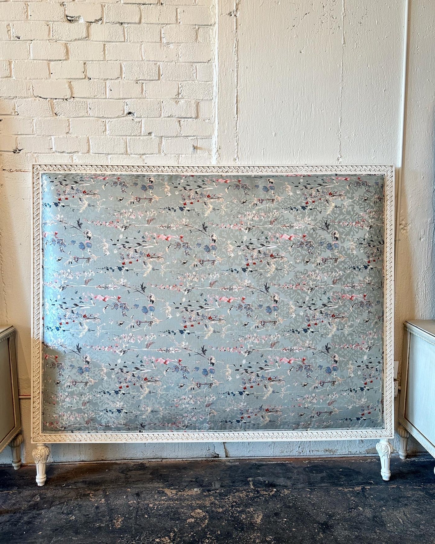 King Size Soft Blue Floral Upholstered Headboard