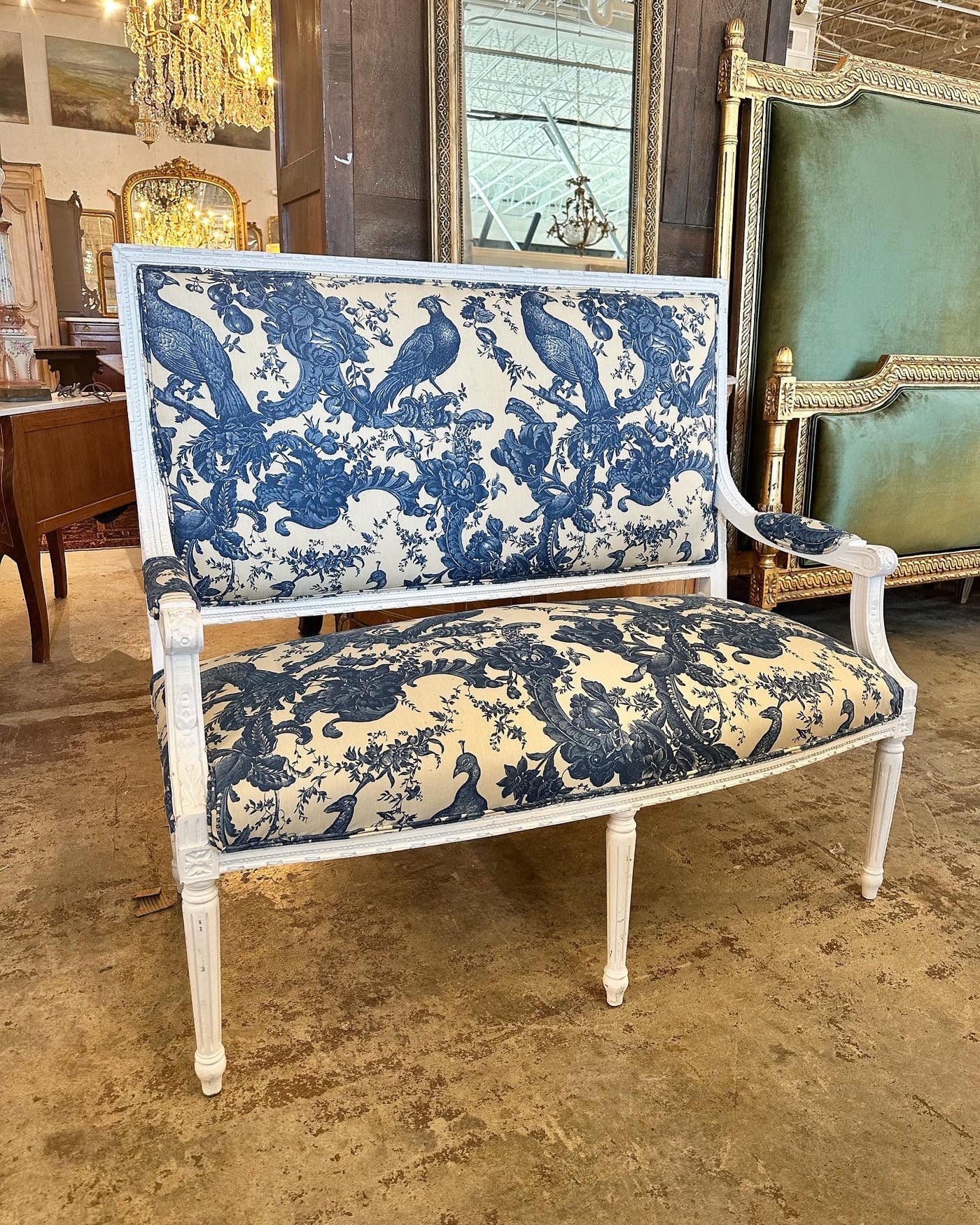 Chair Setee Antique Louis XVI Square Back Settee with White Frame – Le Chateau