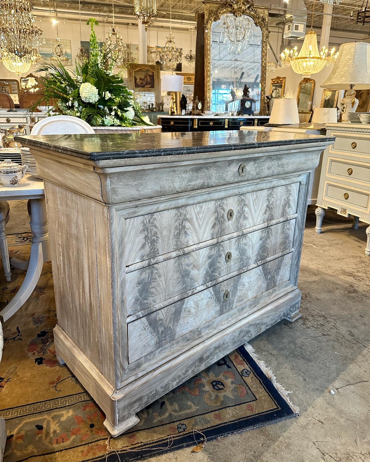 Burl Wood Louis Philippe Chest with Black Marble Top