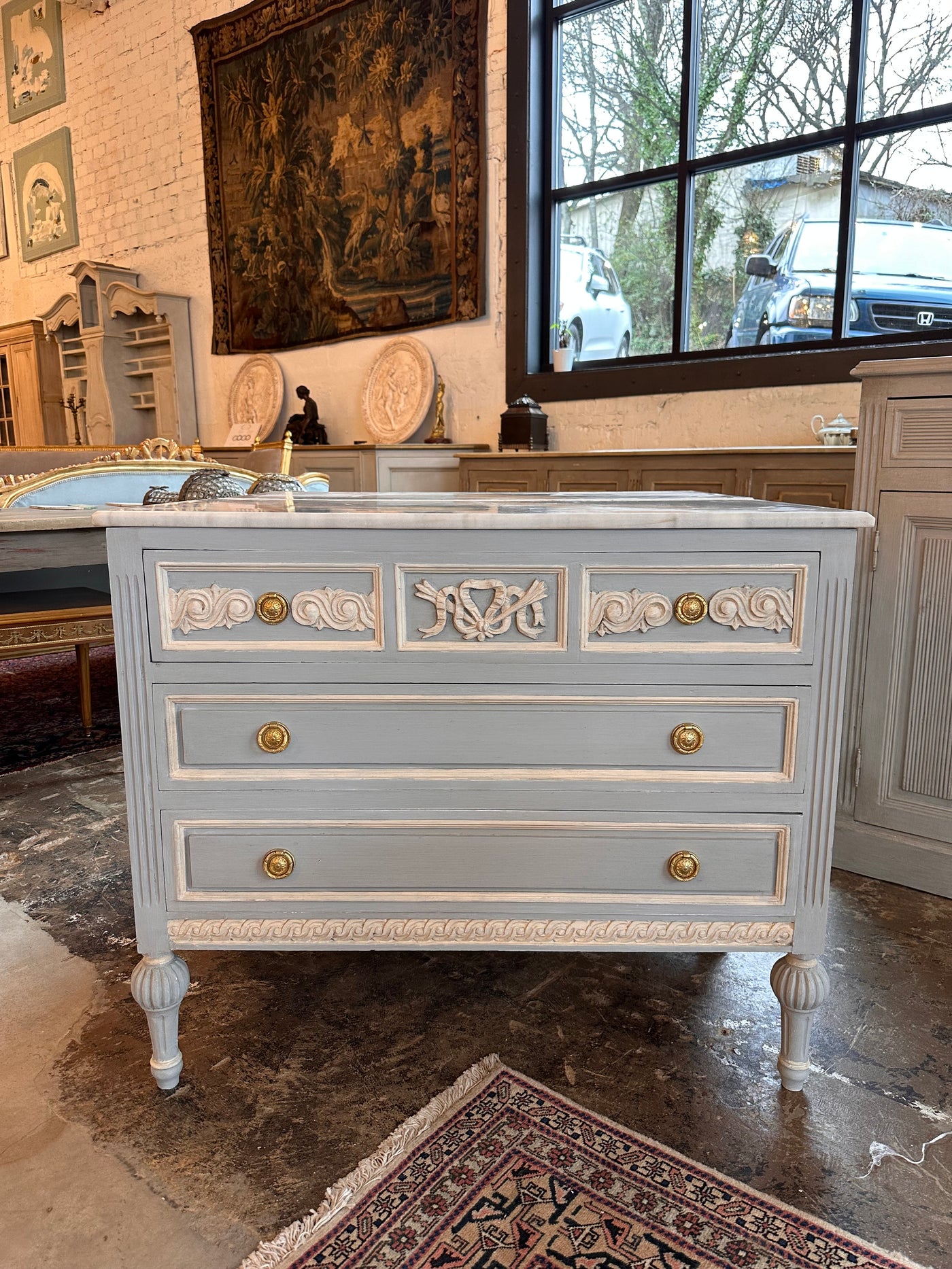 Early 1900s Swedish Marble Top Chest in Blue with White | Le Chateau | European Luxury Furniture in Atlanta