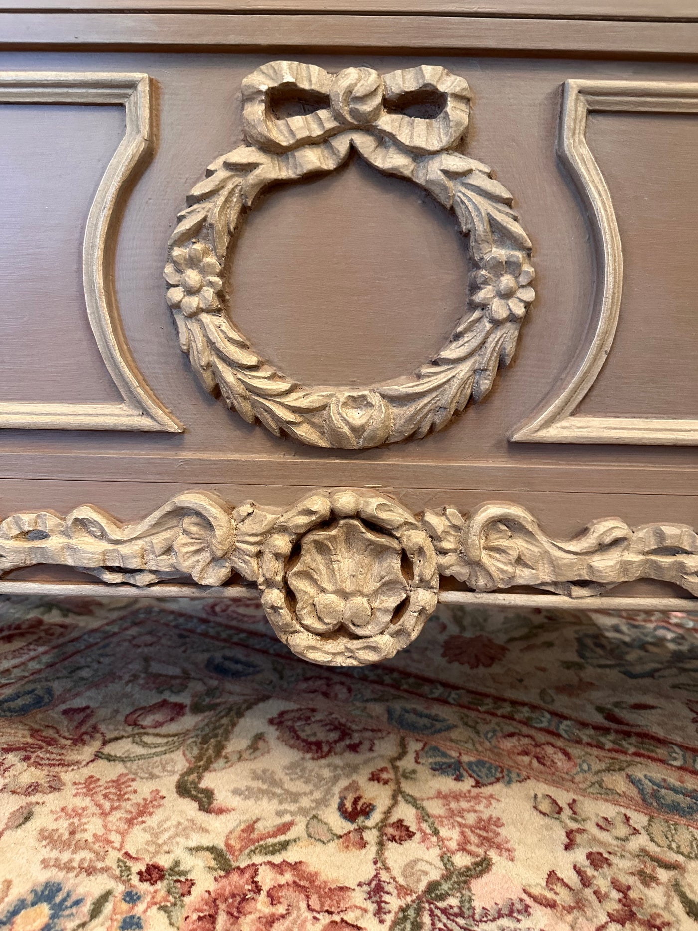 Early 1900s Swedish Wreath Carved Chest in Mauve | Le Chateau | European Luxury Furniture in Atlanta