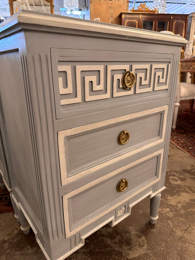 Antique Swedish Greek Key Nightstand in Blue with White | Le Chateau | European Luxury Furniture in Atlanta