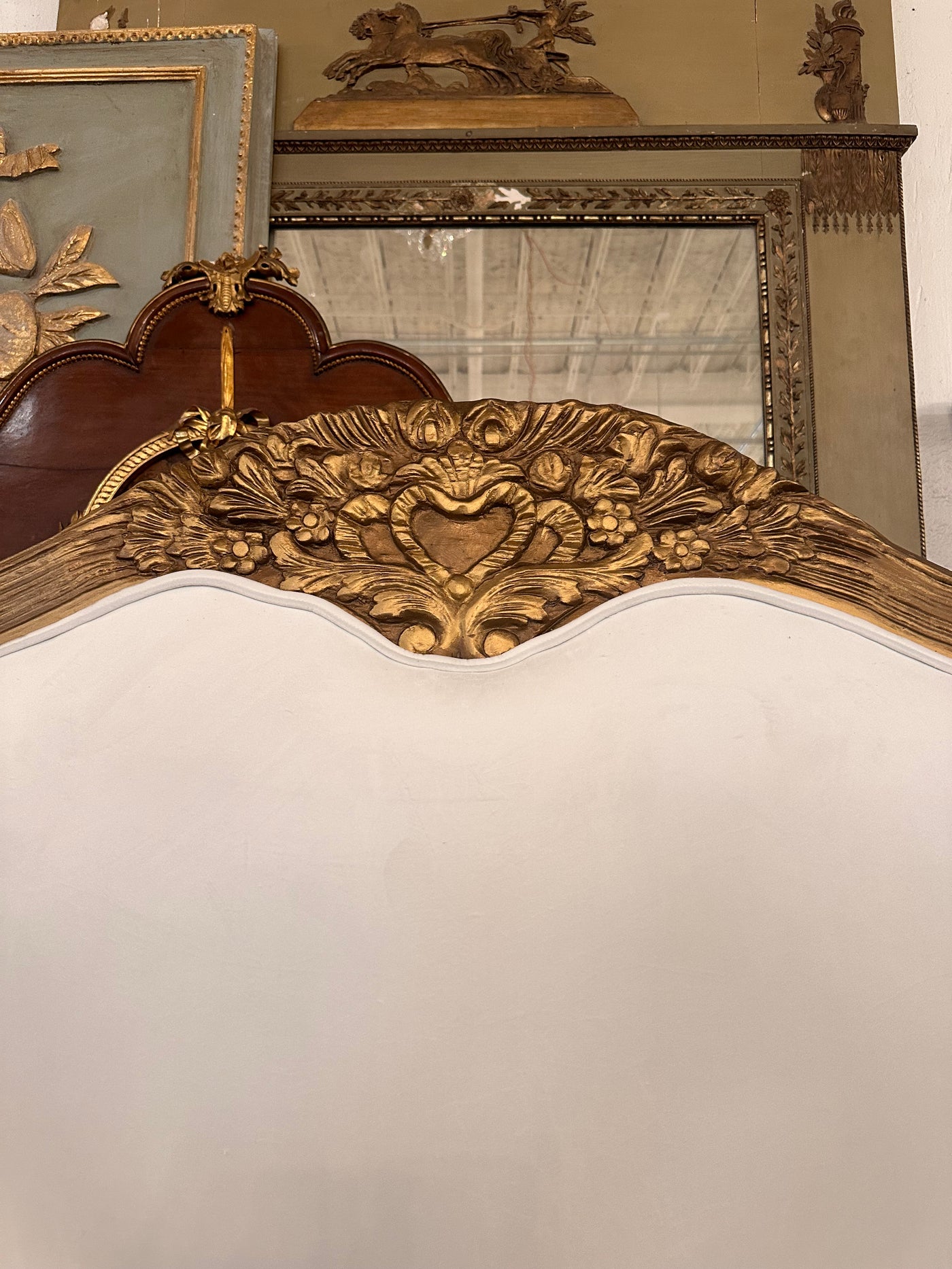 Queen Size Floral Carved Off White Velvet Headboard | Le Chateau | European Luxury Furniture in Atlanta