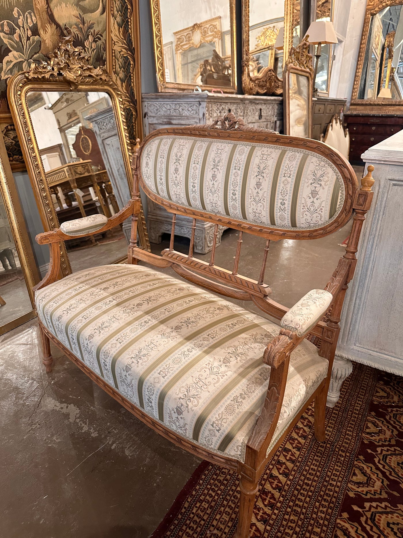 Louis XVI Green & Floral Striped Petite Settee