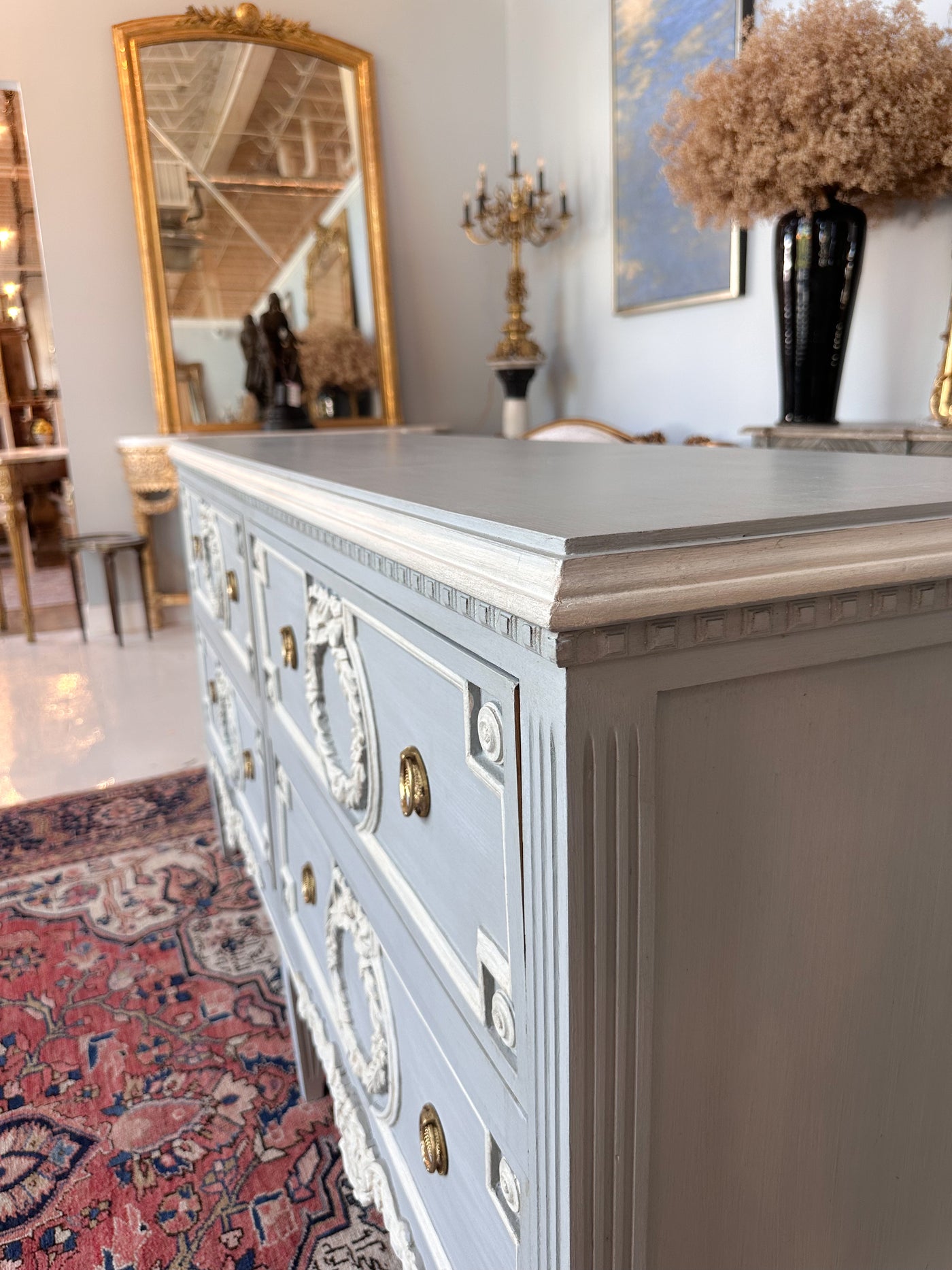 Swedish 4 Drawer Dresser in Soft Blue and White Trim