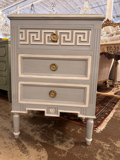 Antique Swedish Greek Key Nightstand in Blue with White | Le Chateau | European Luxury Furniture in Atlanta