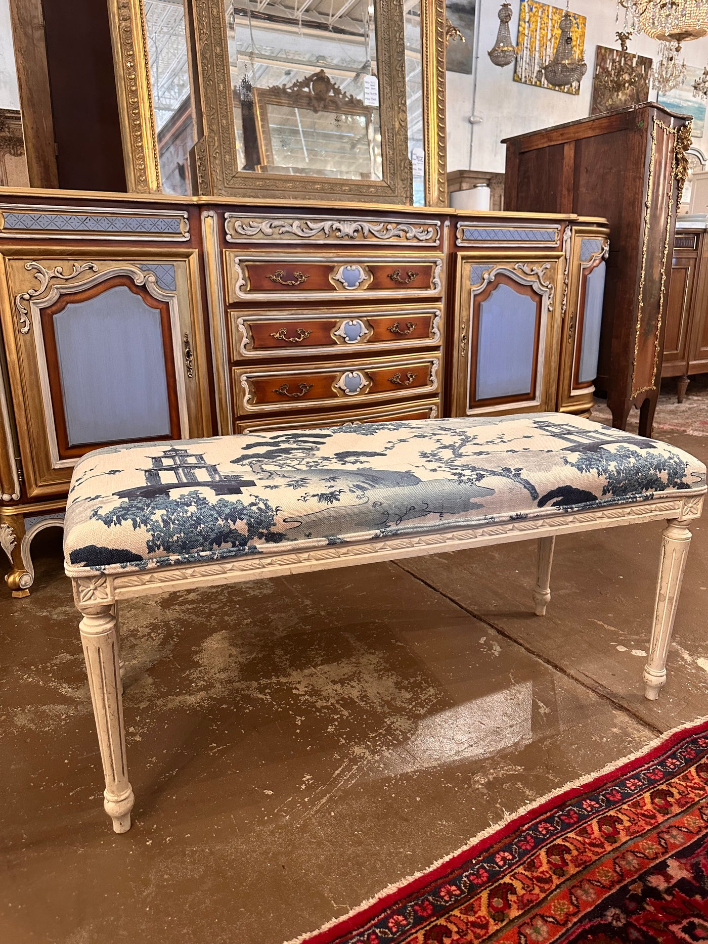 Louis XVI Blue & White Bench | Le Chateau | European Luxury Furniture in Atlanta