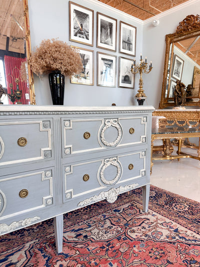 Swedish 4 Drawer Dresser in Soft Blue and White Trim