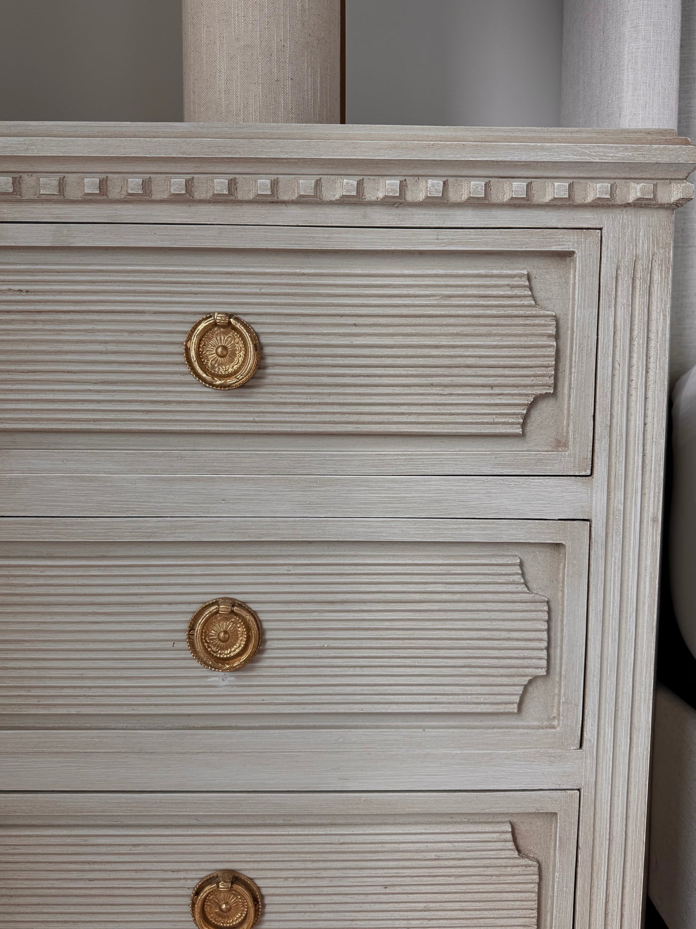 Antique Reeded Drawers Antique Nightstand in Warm Gray | Le Chateau | European Luxury Furniture in Atlanta