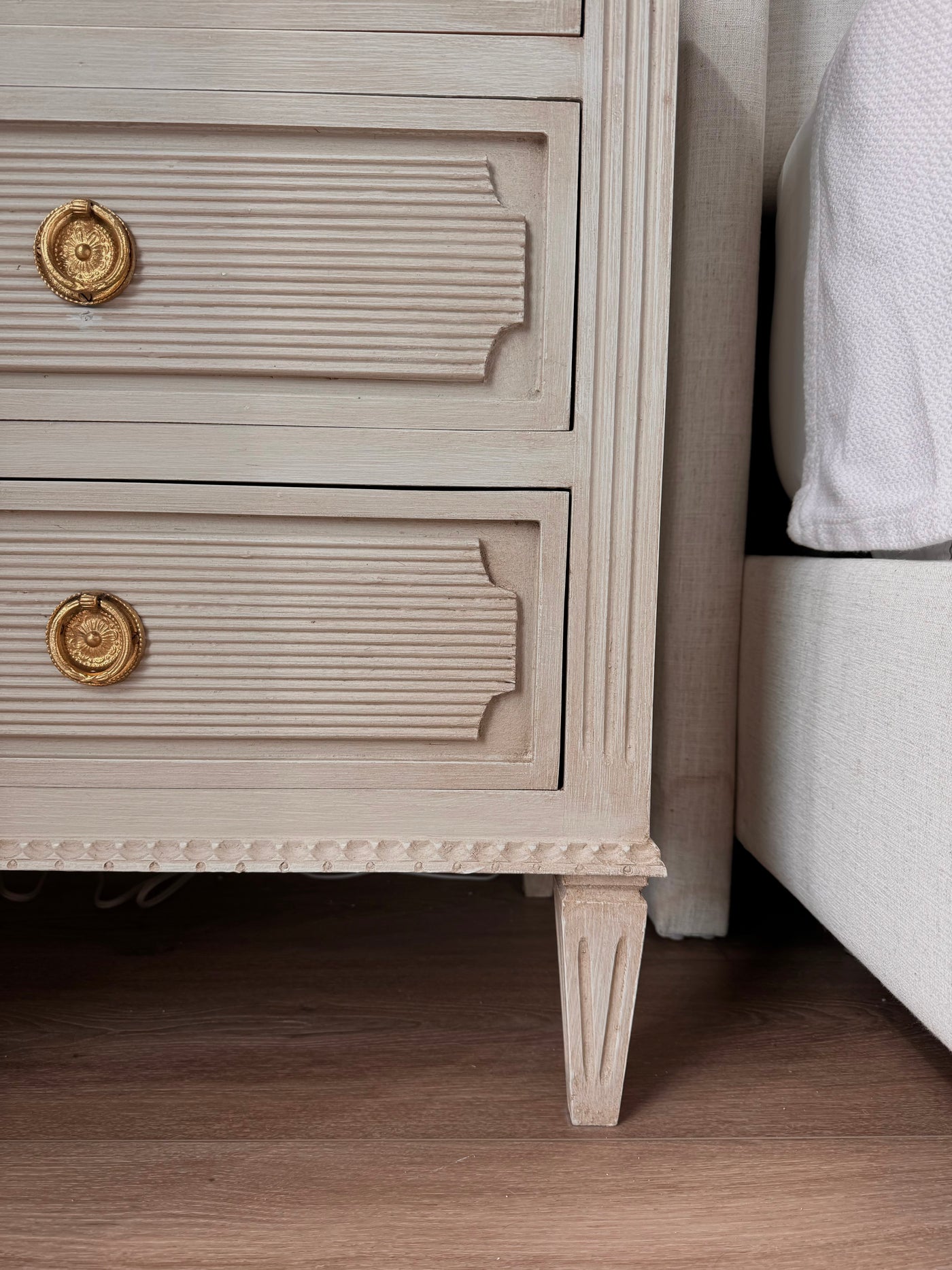 Antique Reeded Drawers Antique Nightstand in Warm Gray | Le Chateau | European Luxury Furniture in Atlanta