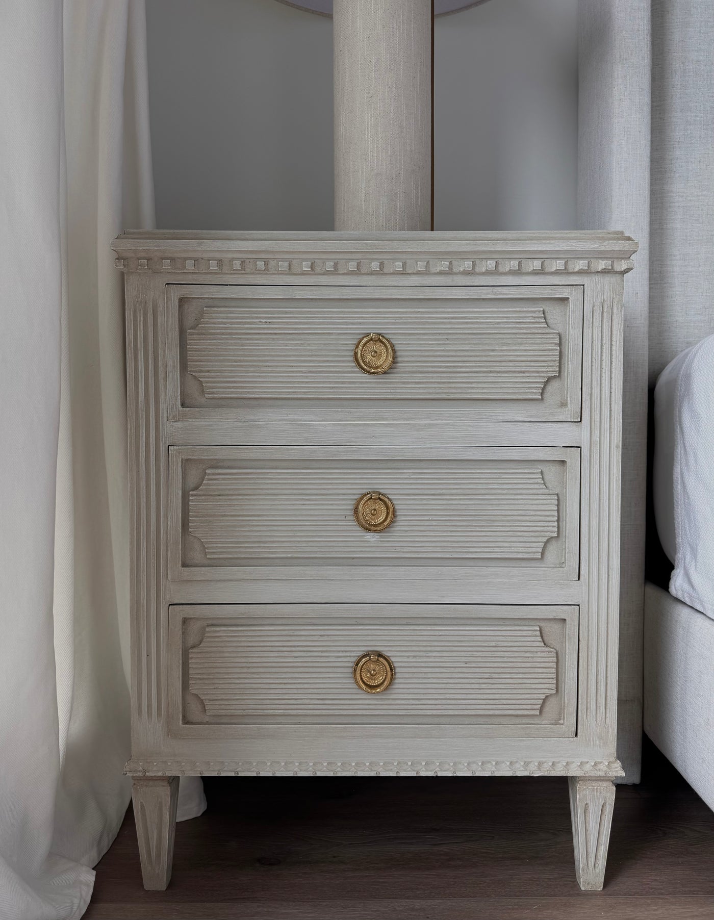 Antique Reeded Drawers Antique Nightstand in Warm Gray | Le Chateau | European Luxury Furniture in Atlanta