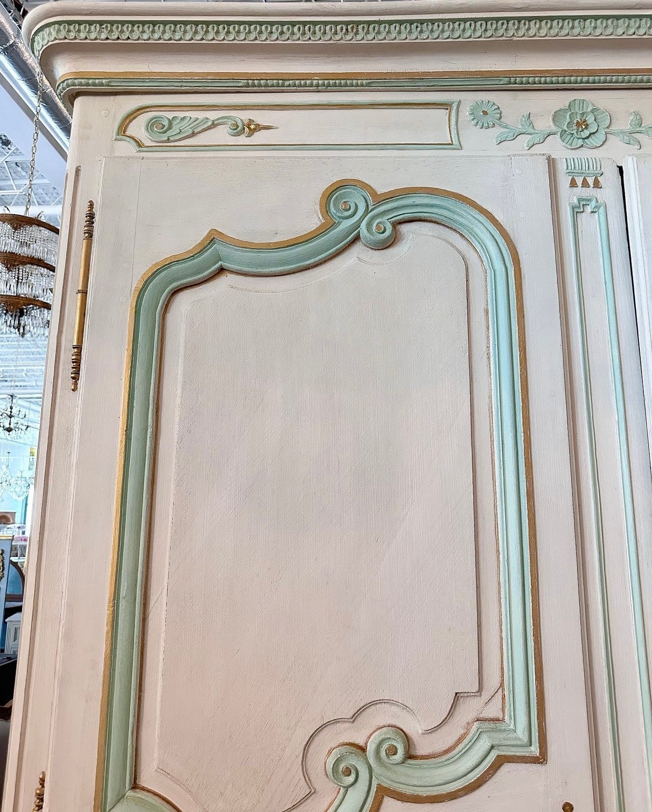 18th Century French Armoire in Antique White and Seafoam Green | Le Chateau | European Luxury Furniture in Atlanta