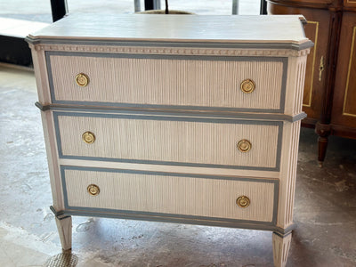 Antique Gray Swedish Vertical Reed Chest with French Blue Trim | Le Chateau | European Luxury Furniture in Atlanta