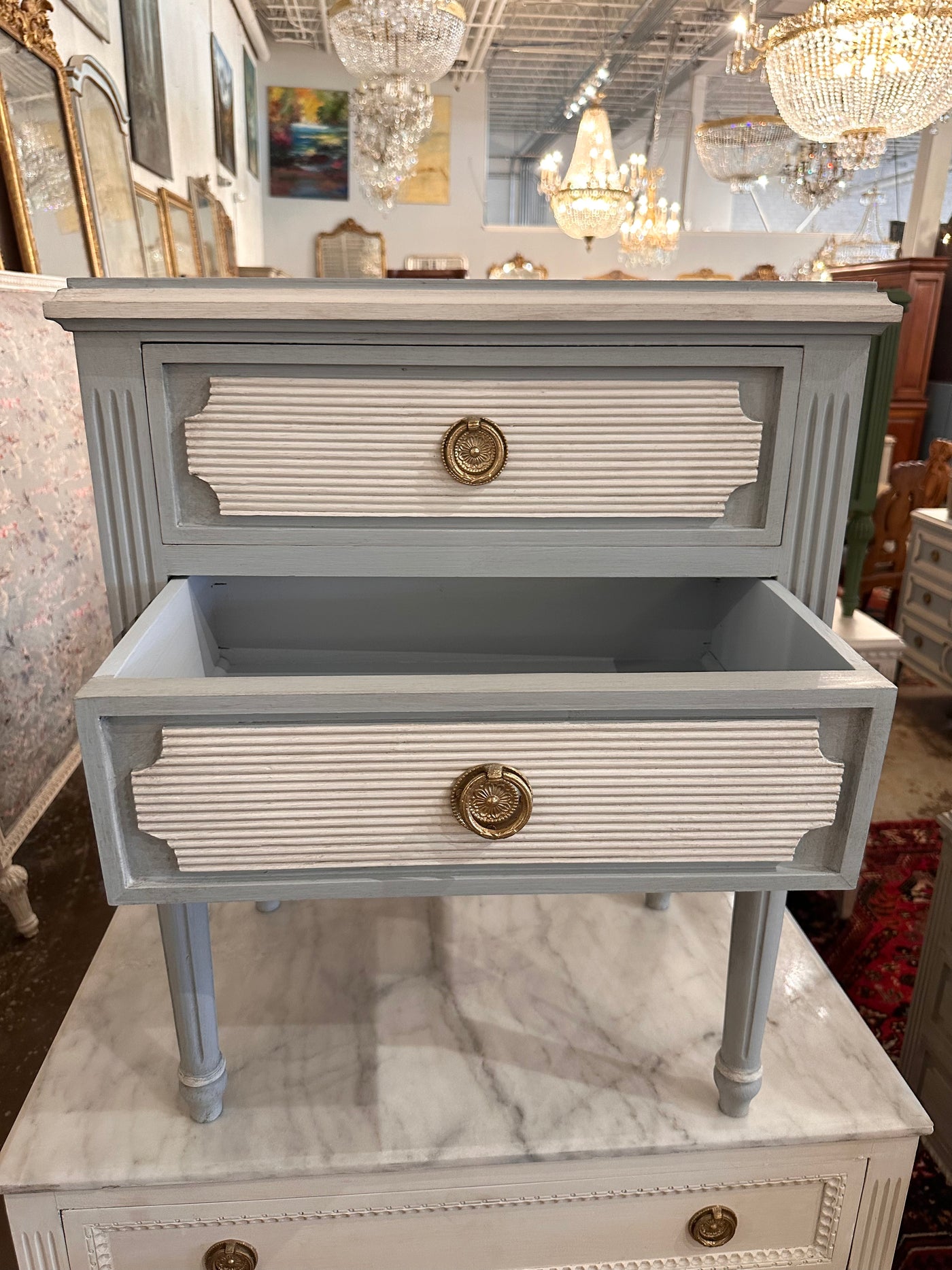 2 Drawer Blue and White Swedish Antique Nightstand | Le Chateau | European Luxury Furniture in Atlanta