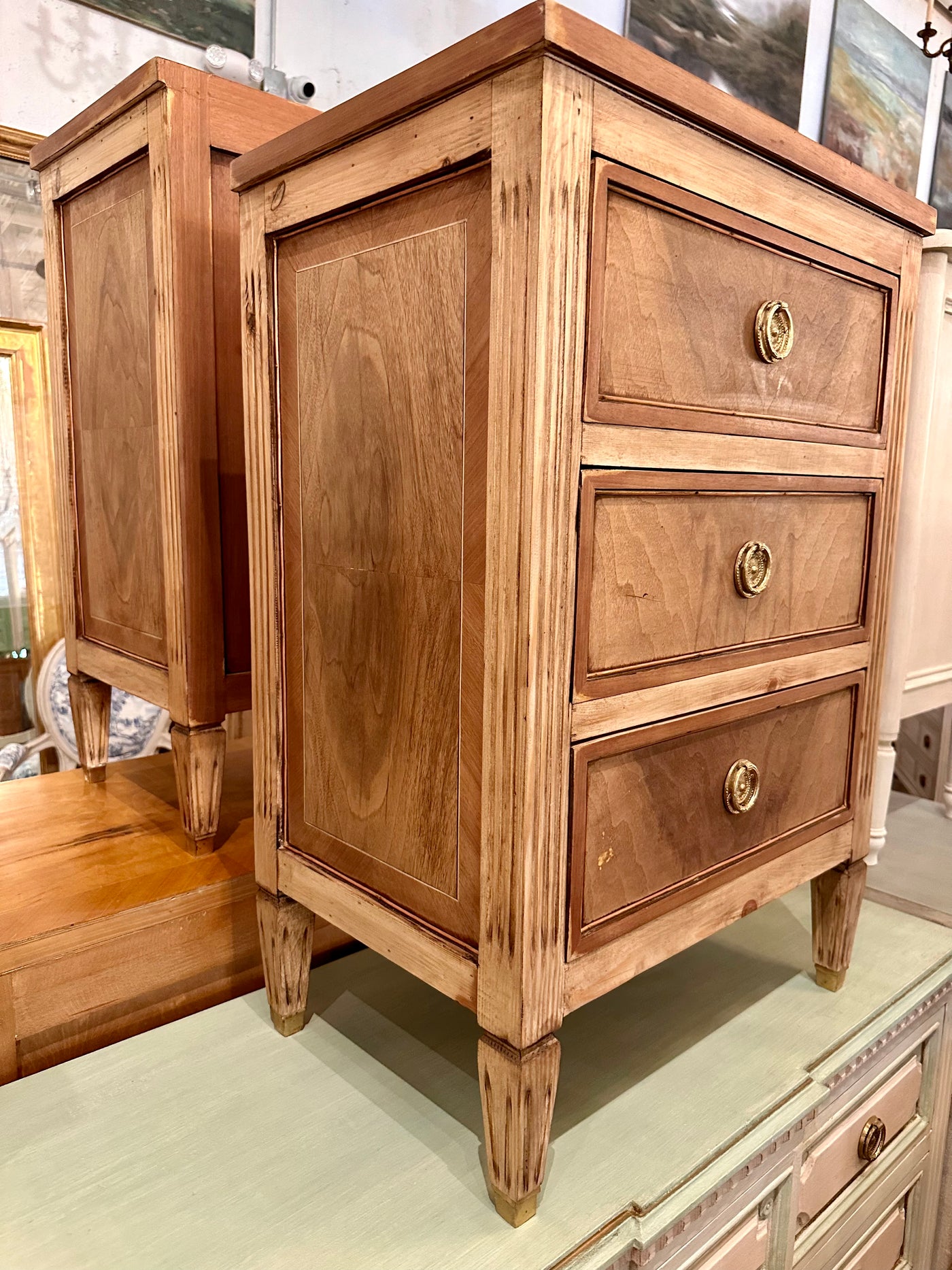 Natural Burl Wood Swedish Nightstands with Brass Trim