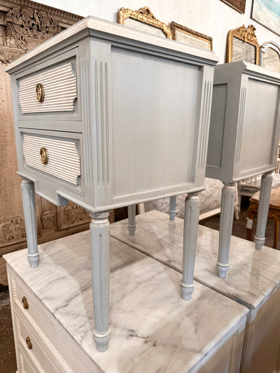 2 Drawer Blue and White Swedish Antique Nightstand | Le Chateau | European Luxury Furniture in Atlanta