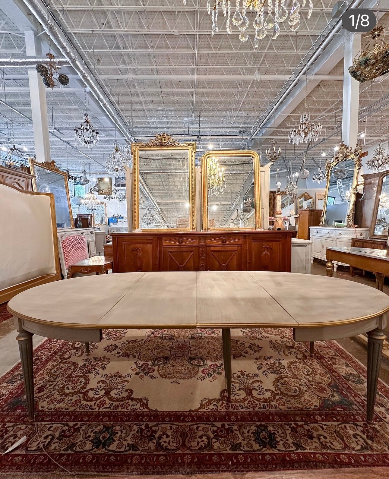 Antique Dining Table with Gray Finish and Gold Trim