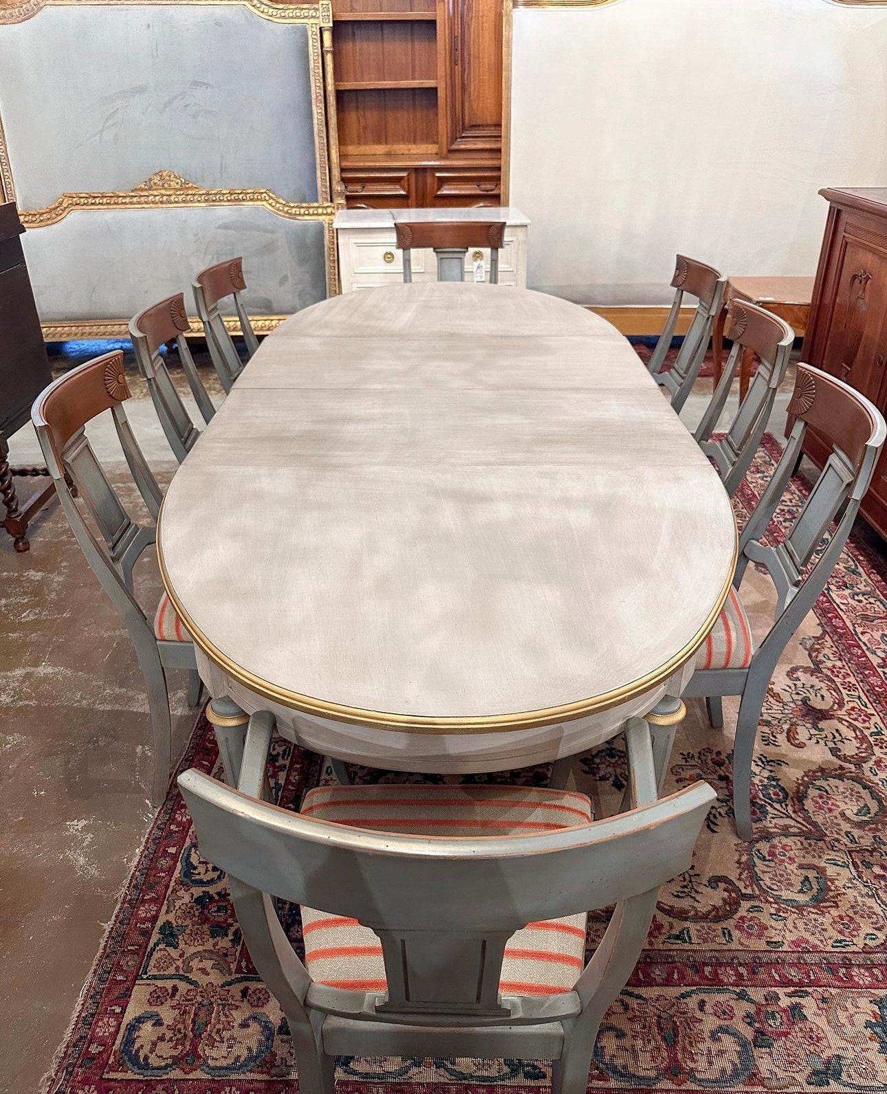 Antique Dining Table with Gray Finish and Gold Trim