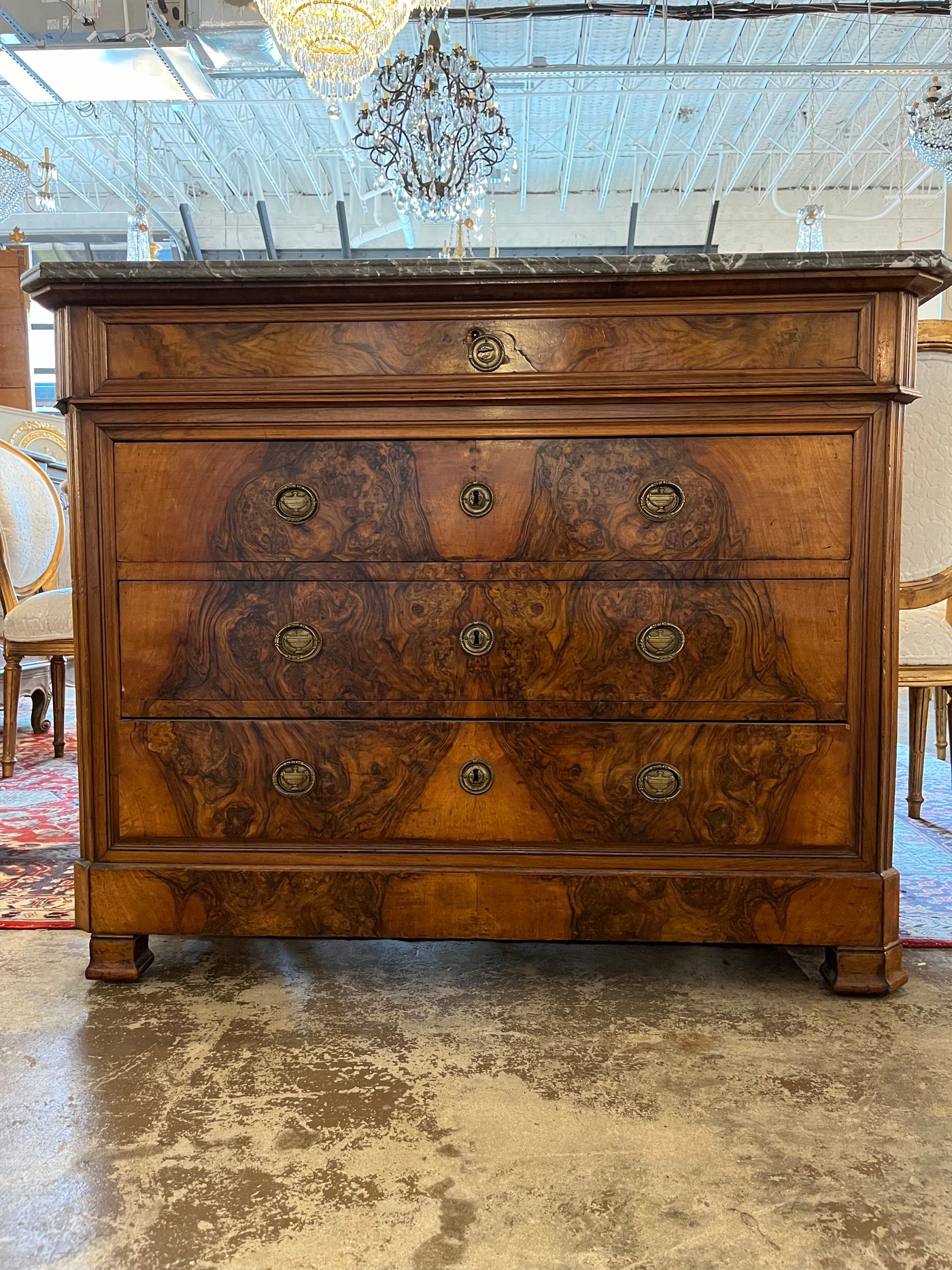 Burled Walnut Louis Philippe Chest with Black Marble Top