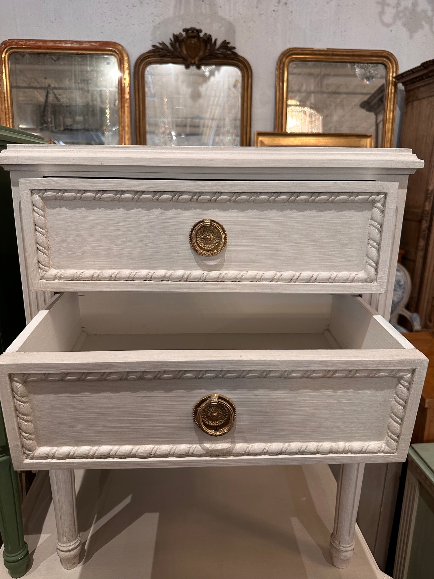 Antique Rope Trim White Swedish Nightstands | Le Chateau | European Luxury Furniture in Atlanta