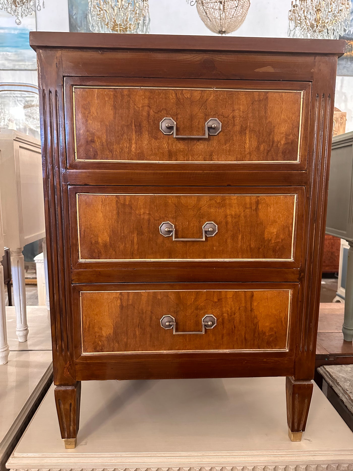 Swedish Burl Wood Nightstand with Brass Trim