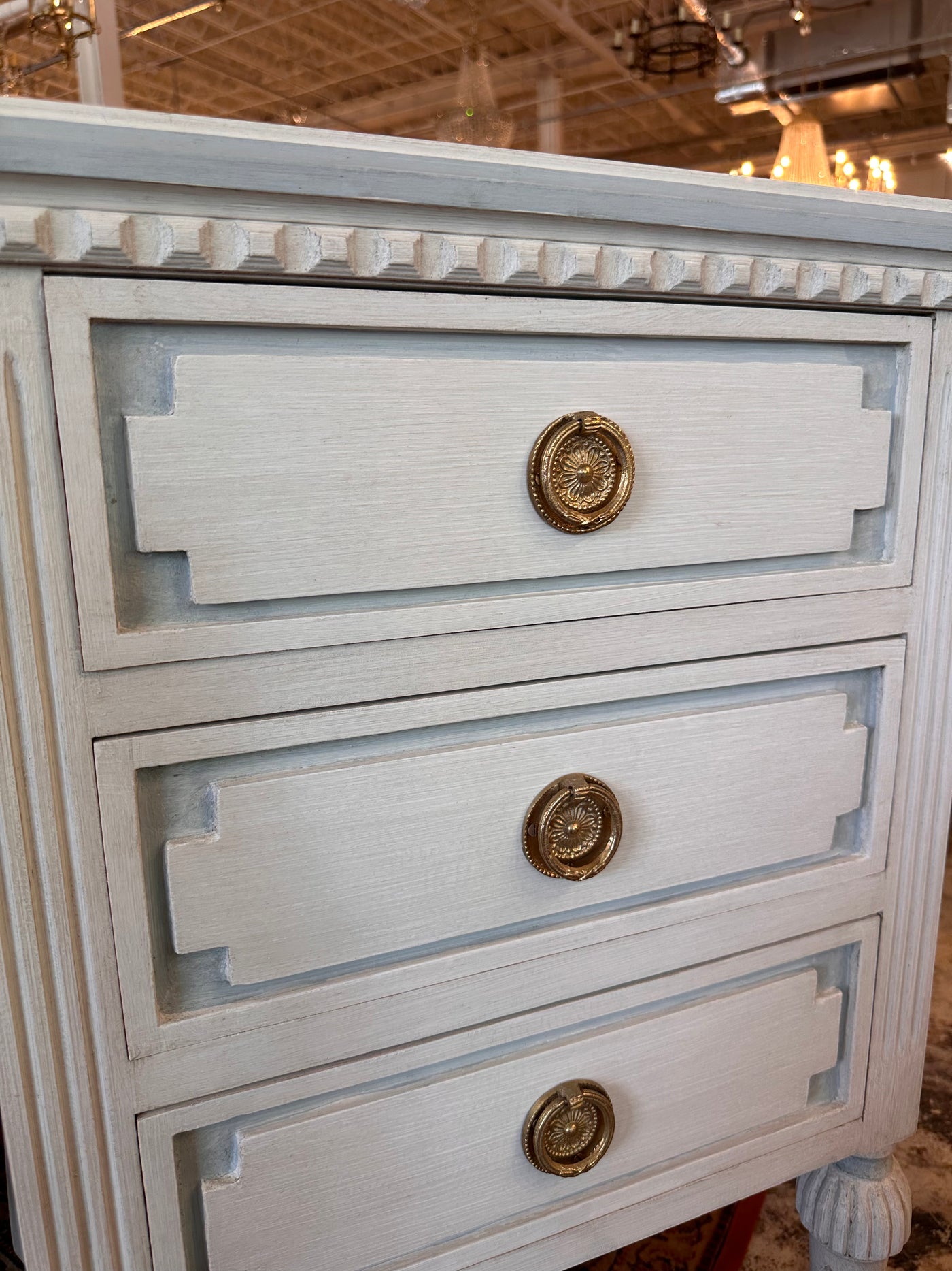 Swedish Nightstand with Ballerina Legs in Antique White and Blue Trim