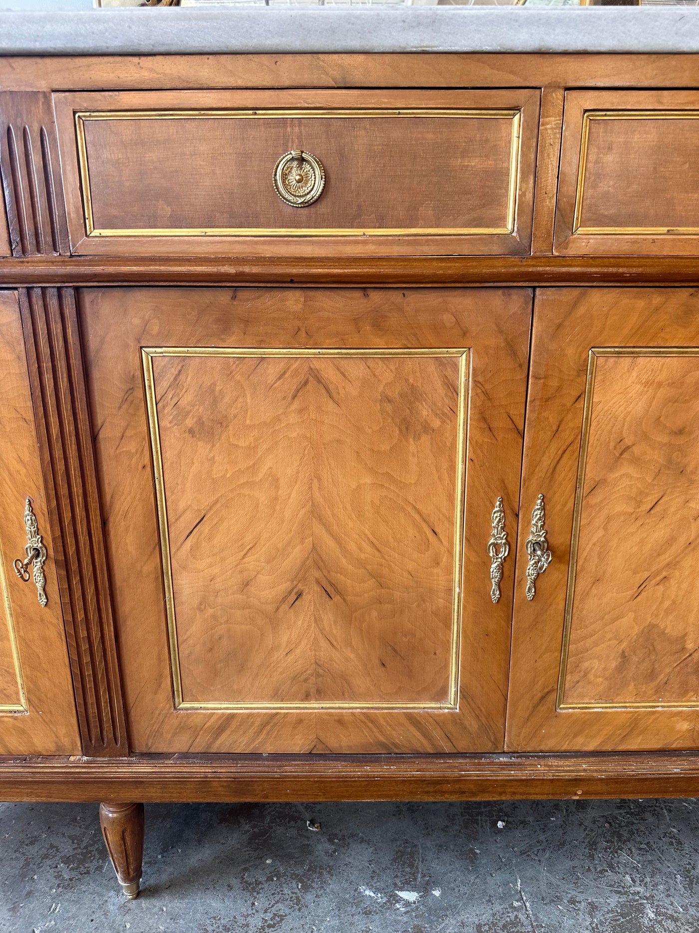 Louis XVI Burl Wood Marble Top Sideboard