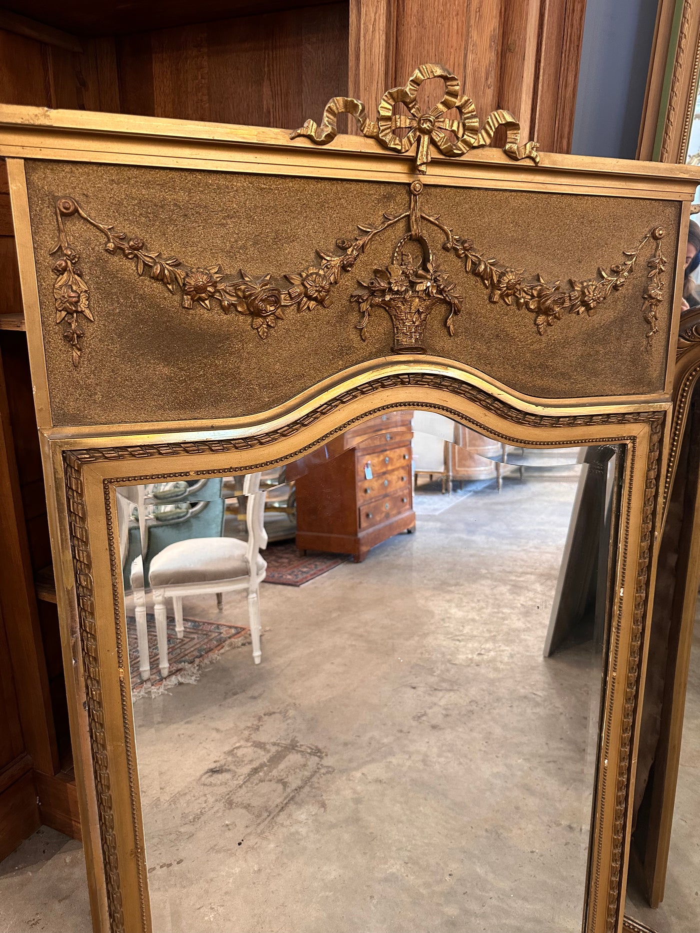 Giltwood French Trumeau Mirror with Bow & Floral Accents