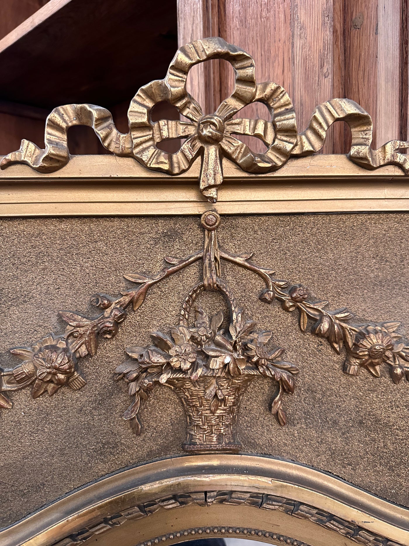 Giltwood French Trumeau Mirror with Bow & Floral Accents