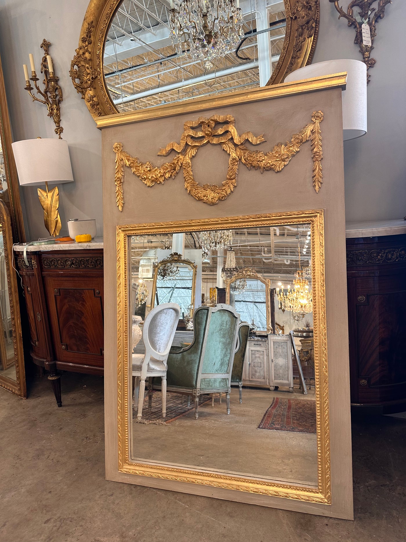 French Trumeau Mirror in Warm Gray with Gold Trim