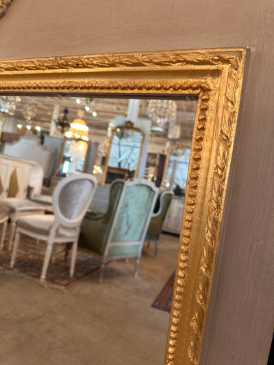 French Trumeau Mirror in Warm Gray with Gold Trim