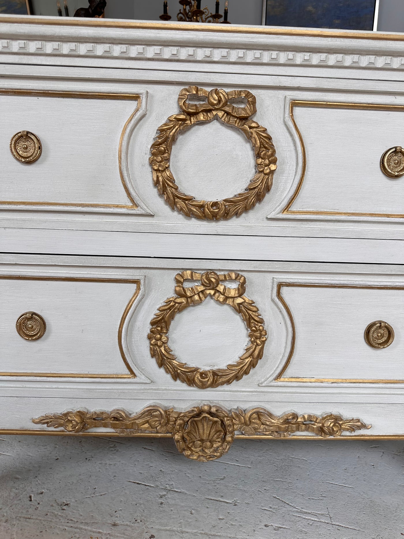 Vintage Swedish Chest with Gold Wreath Chest | Le Chateau | European Luxury Furniture in Atlanta