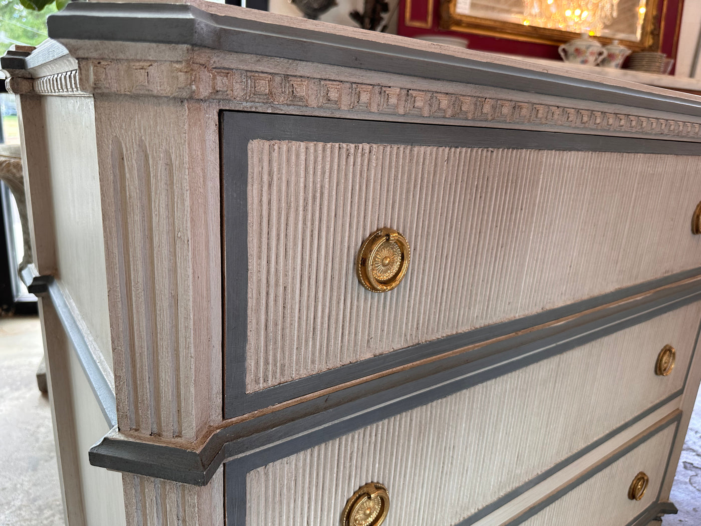 Antique Gray Swedish Vertical Reed Chest with French Blue Trim | Le Chateau | European Luxury Furniture in Atlanta