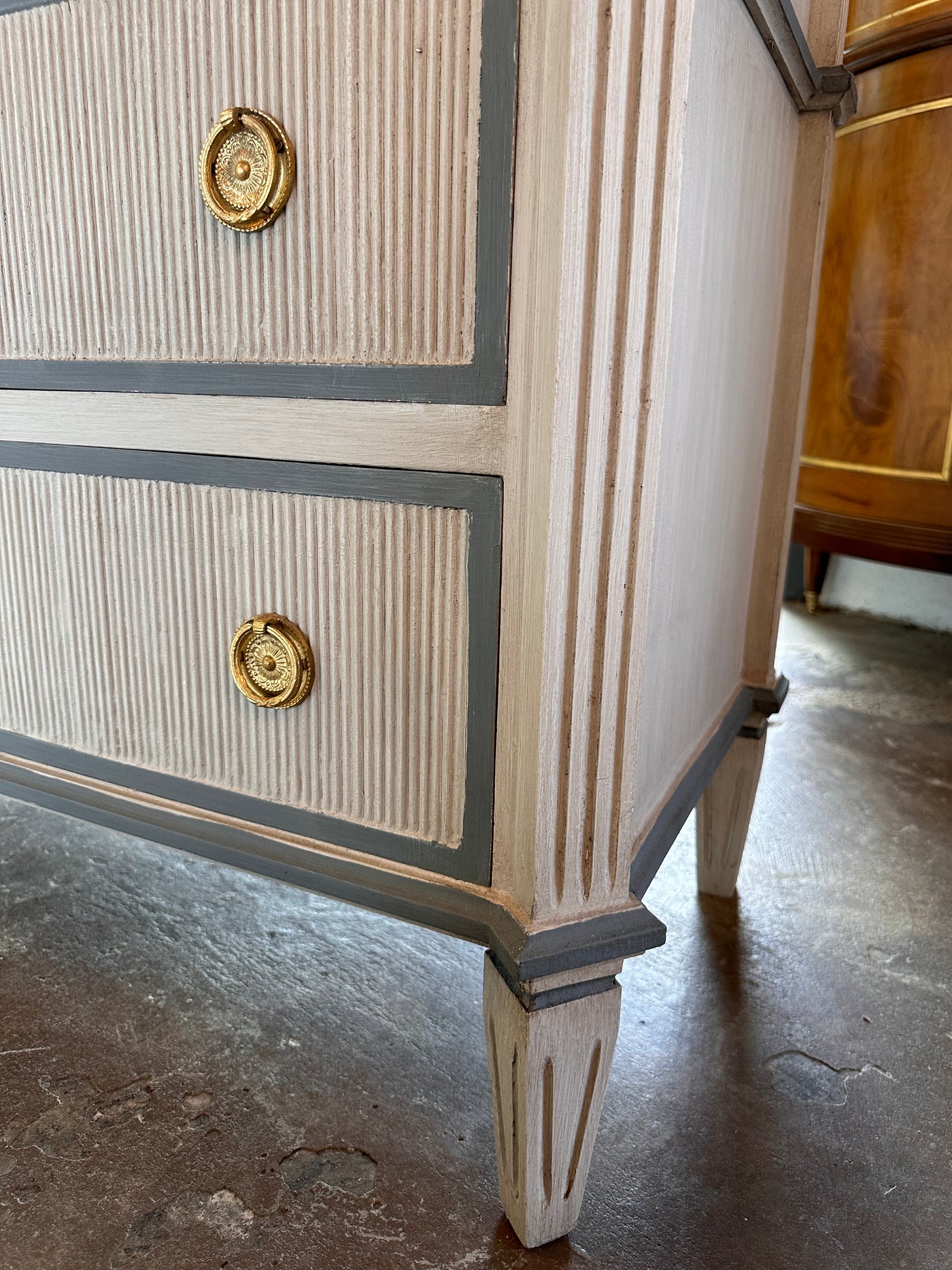 Antique Gray Swedish Vertical Reed Chest with French Blue Trim | Le Chateau | European Luxury Furniture in Atlanta