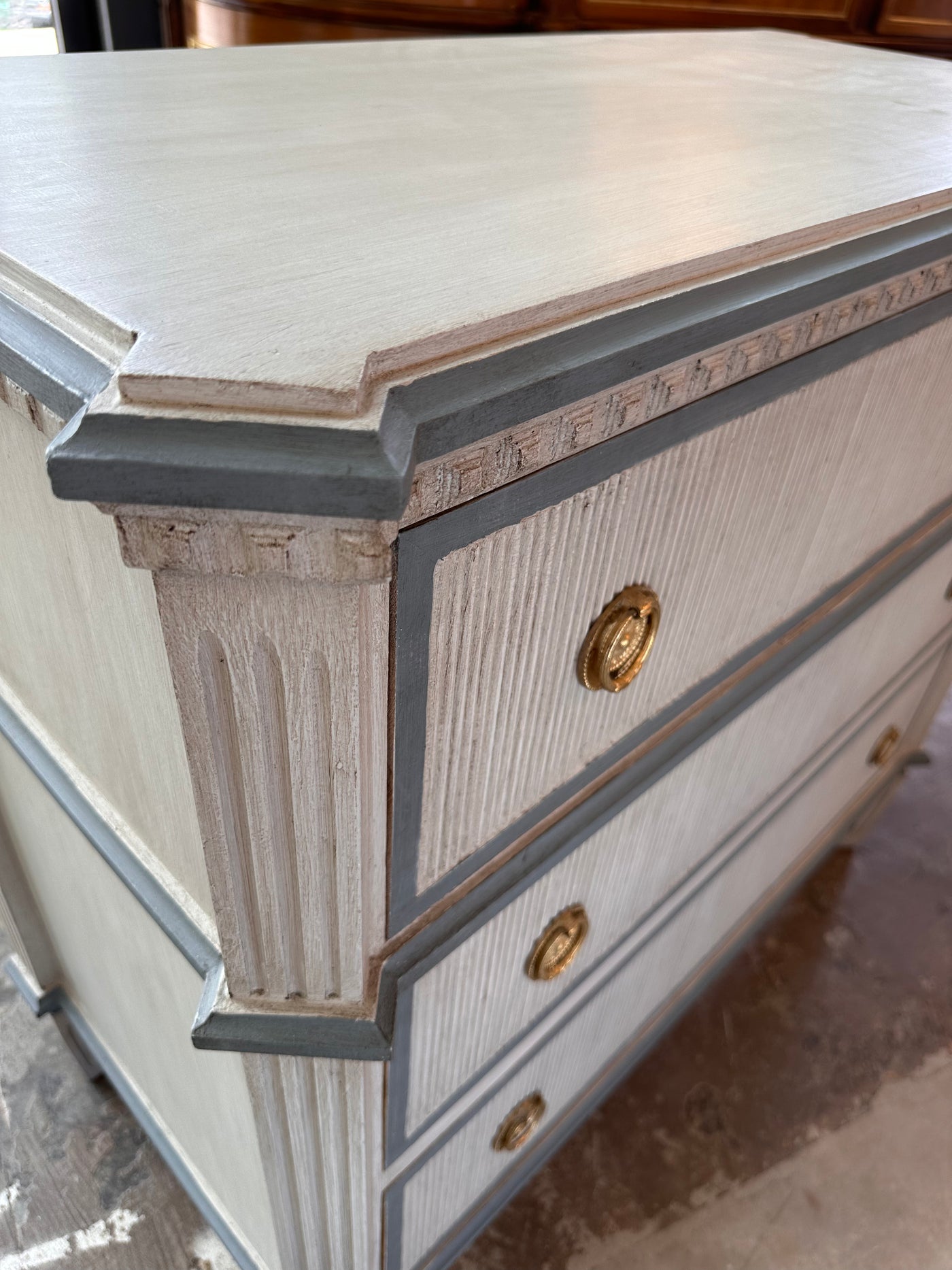 Antique Gray Swedish Vertical Reed Chest with French Blue Trim | Le Chateau | European Luxury Furniture in Atlanta