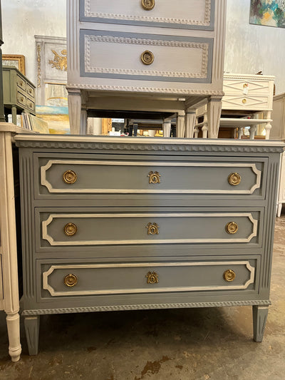 Soft Blue Antique Chest with White Trim | Le Chateau | European Luxury Furniture in Atlanta