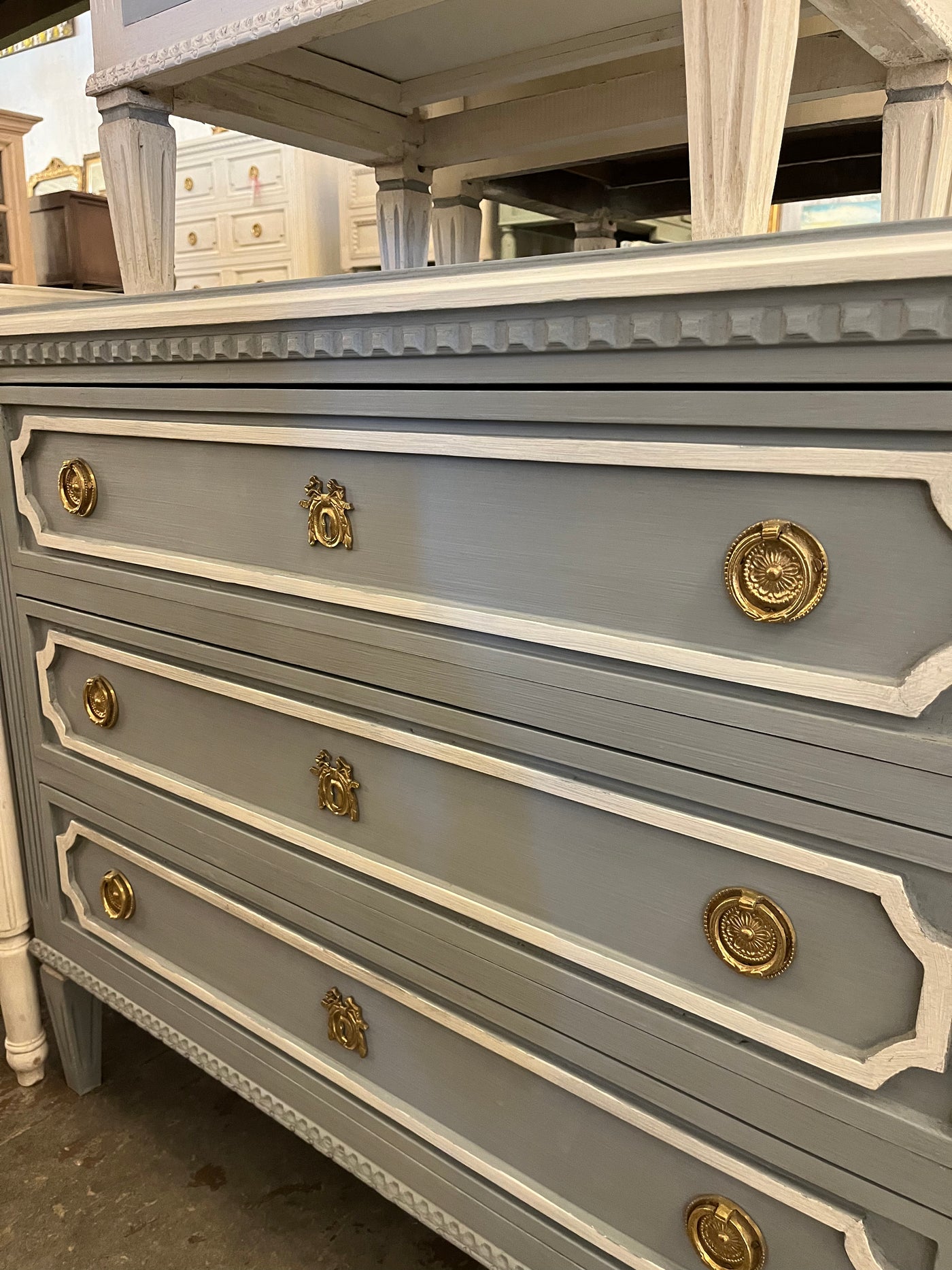 Soft Blue Antique Chest with White Trim | Le Chateau | European Luxury Furniture in Atlanta