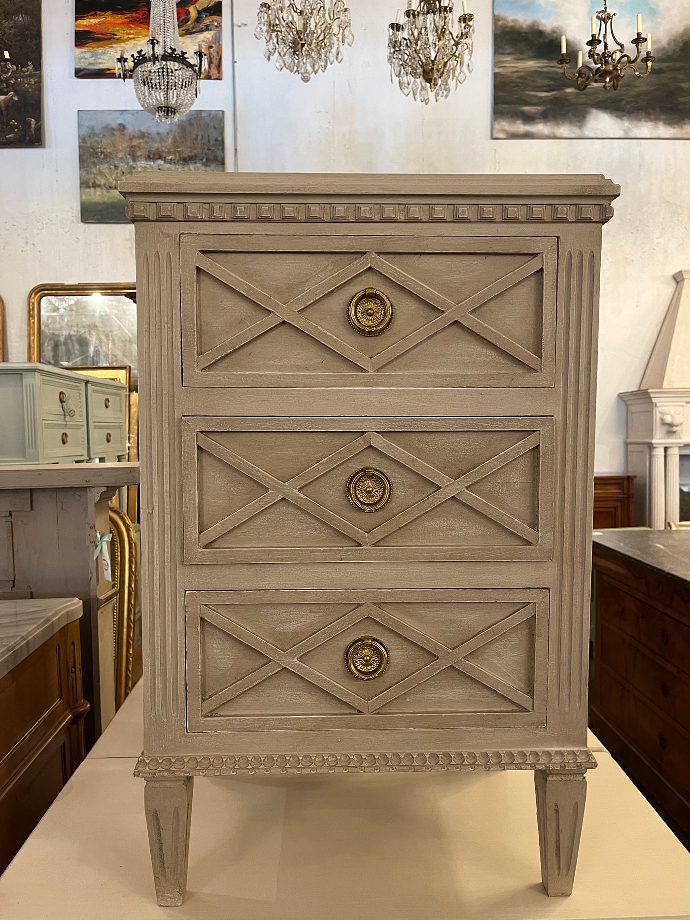 Diamond Front Swedish Nightstand in Taupe | Le Chateau | European Luxury Furniture in Atlanta