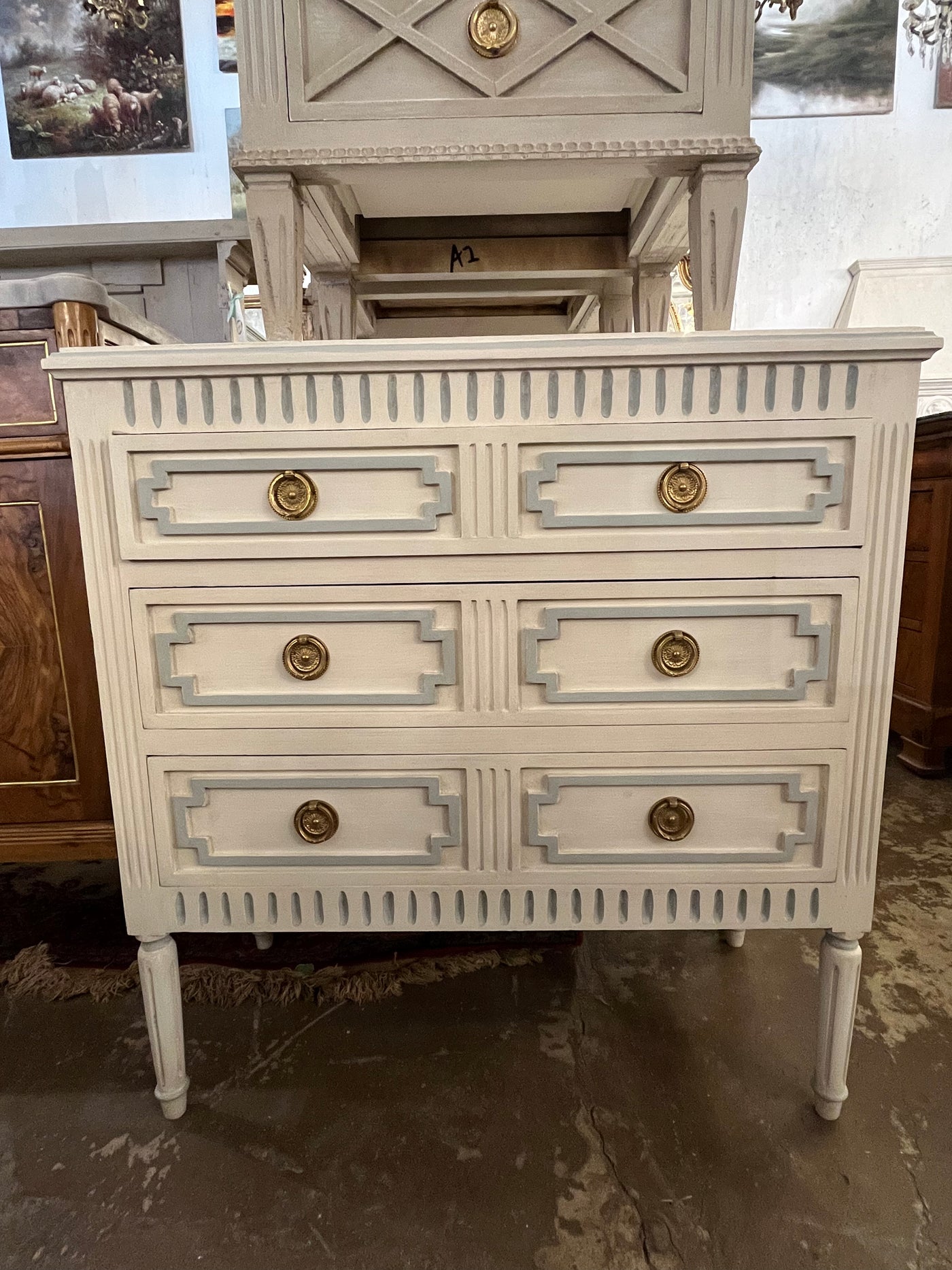 Swedish Nightstand in White with Light Blue Trim | Le Chateau | European Luxury Furniture in Atlanta