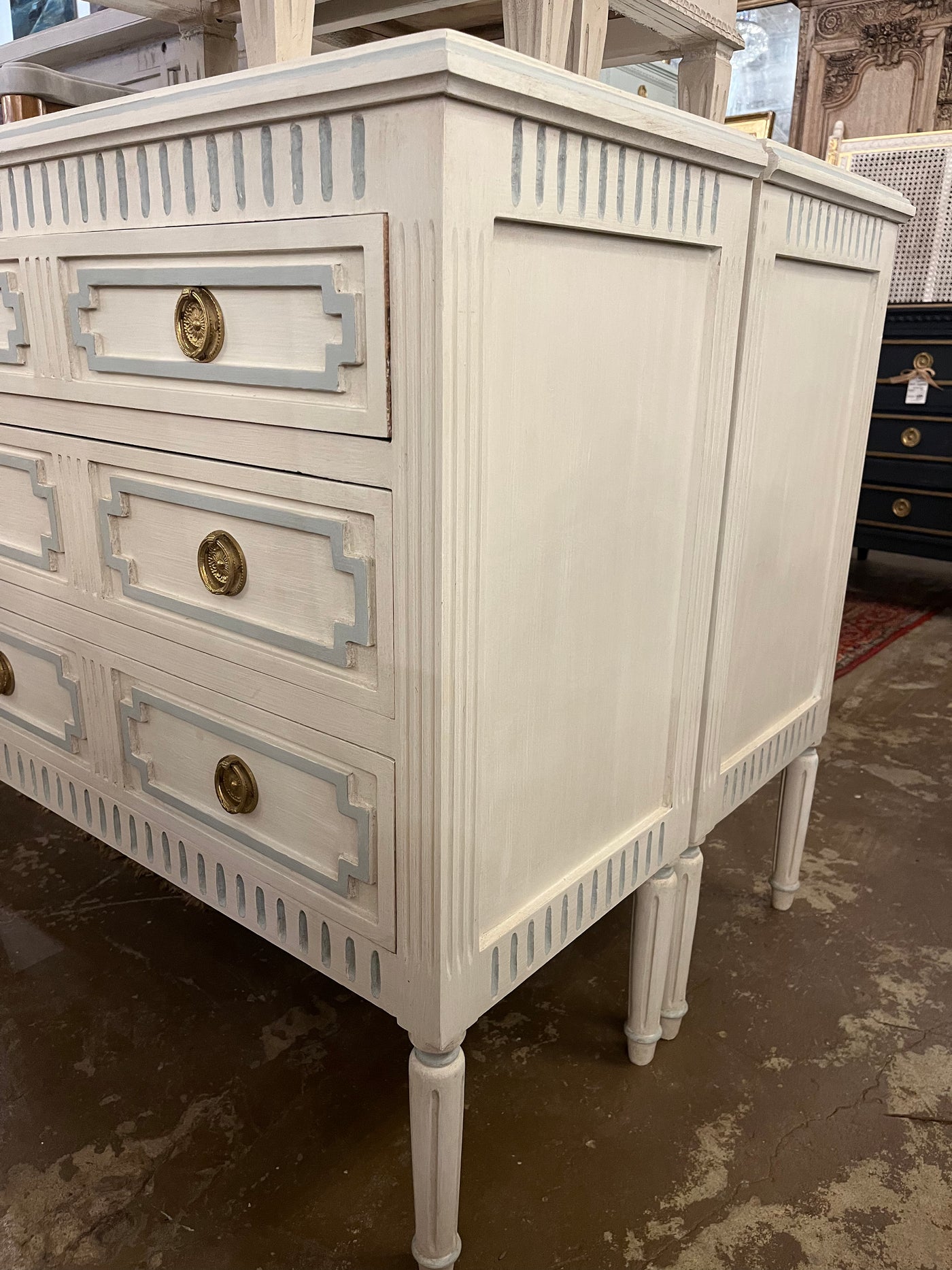 Swedish Nightstand in White with Light Blue Trim | Le Chateau | European Luxury Furniture in Atlanta