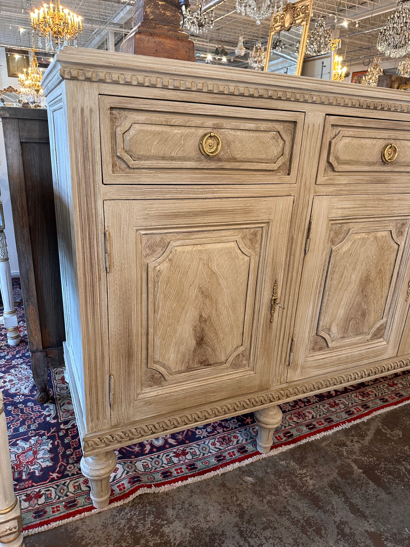 Faux Burlwood Swedish Sideboard with Cabinet Doors and Drawers