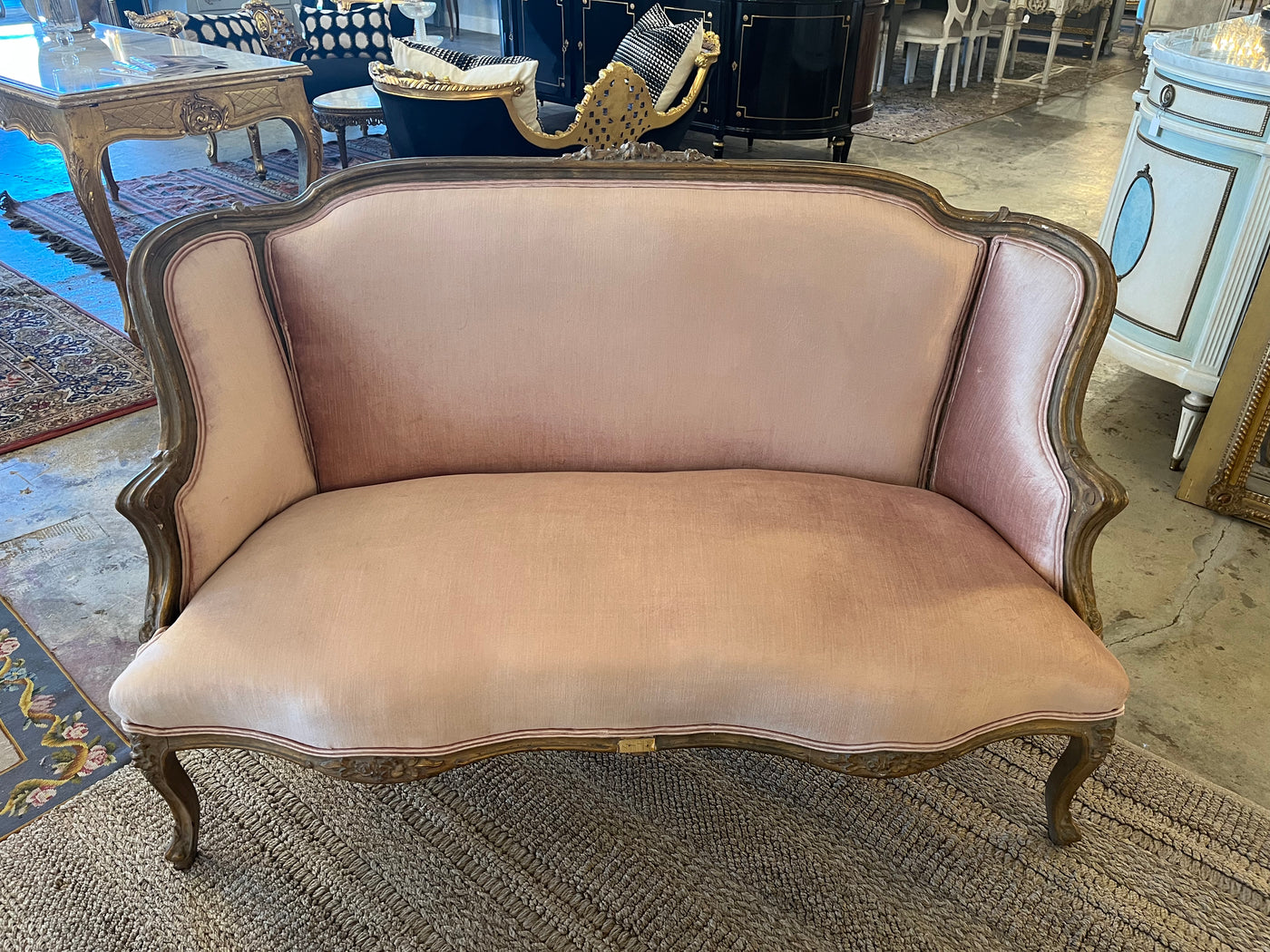 Antique French Pink Velvet Settee | Le Chateau | European Luxury Furniture in Atlanta