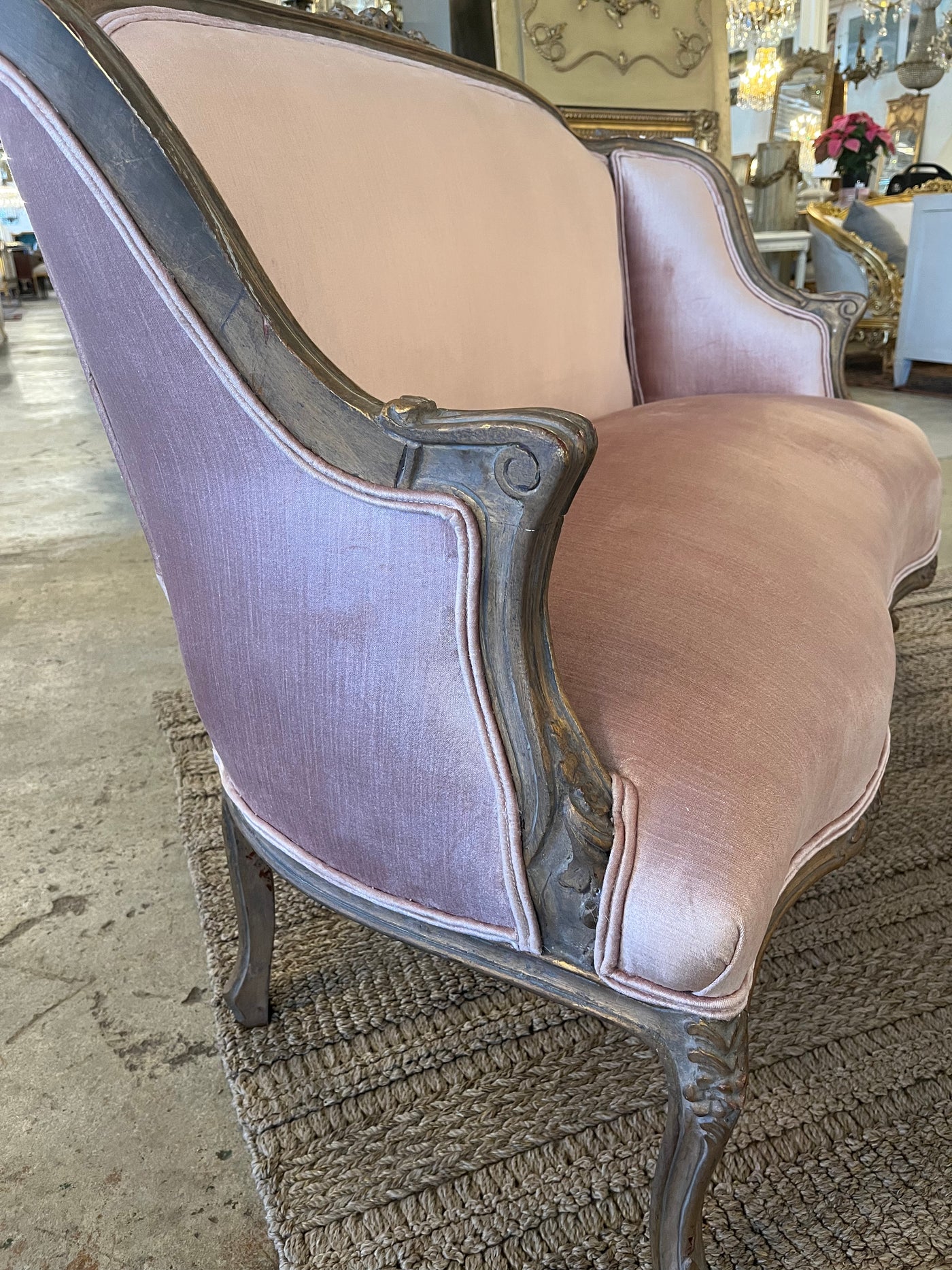 Antique French Pink Velvet Settee | Le Chateau | European Luxury Furniture in Atlanta