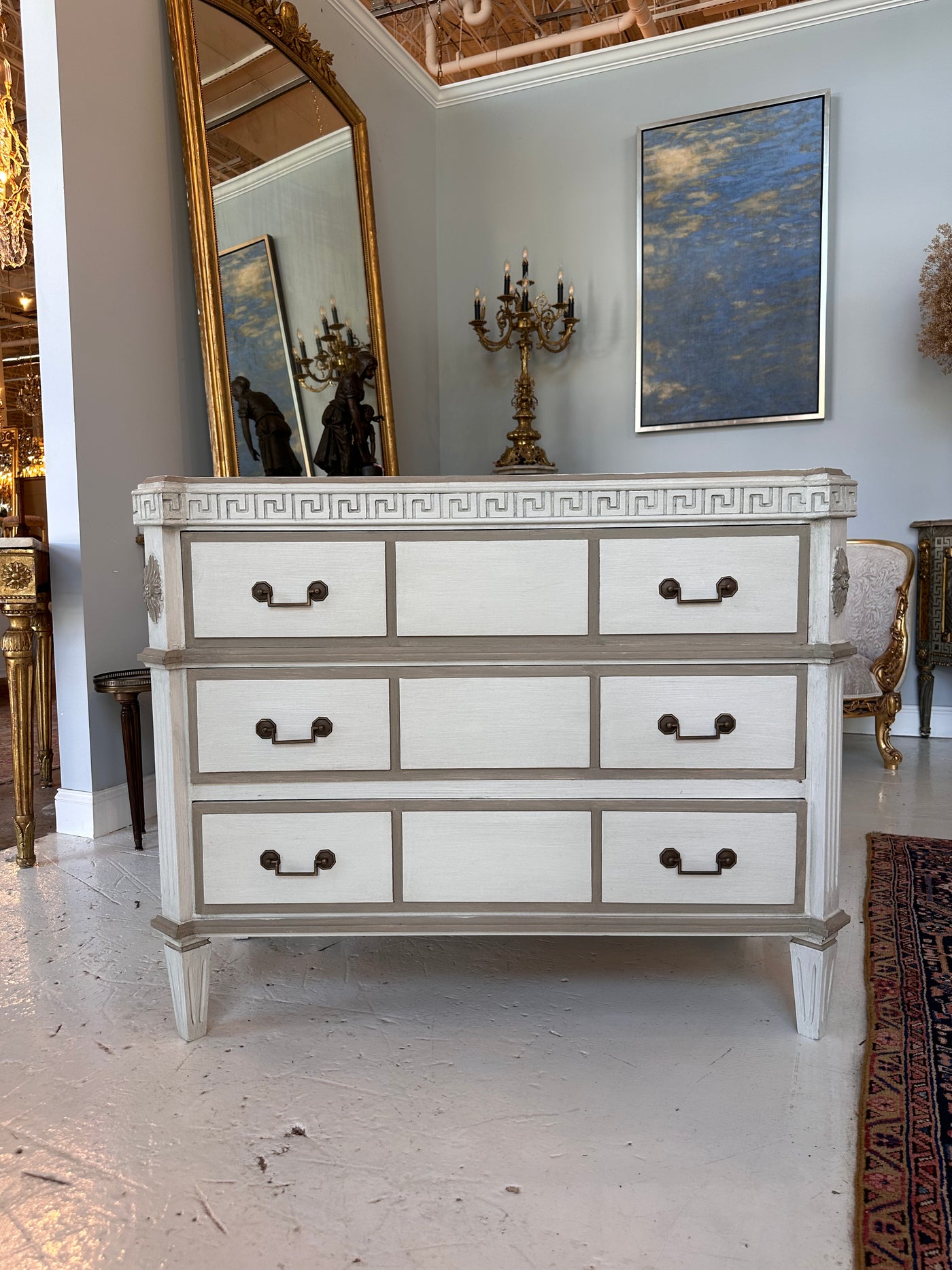 Greek Key Swedish Chest in Antique White with Taupe Trim