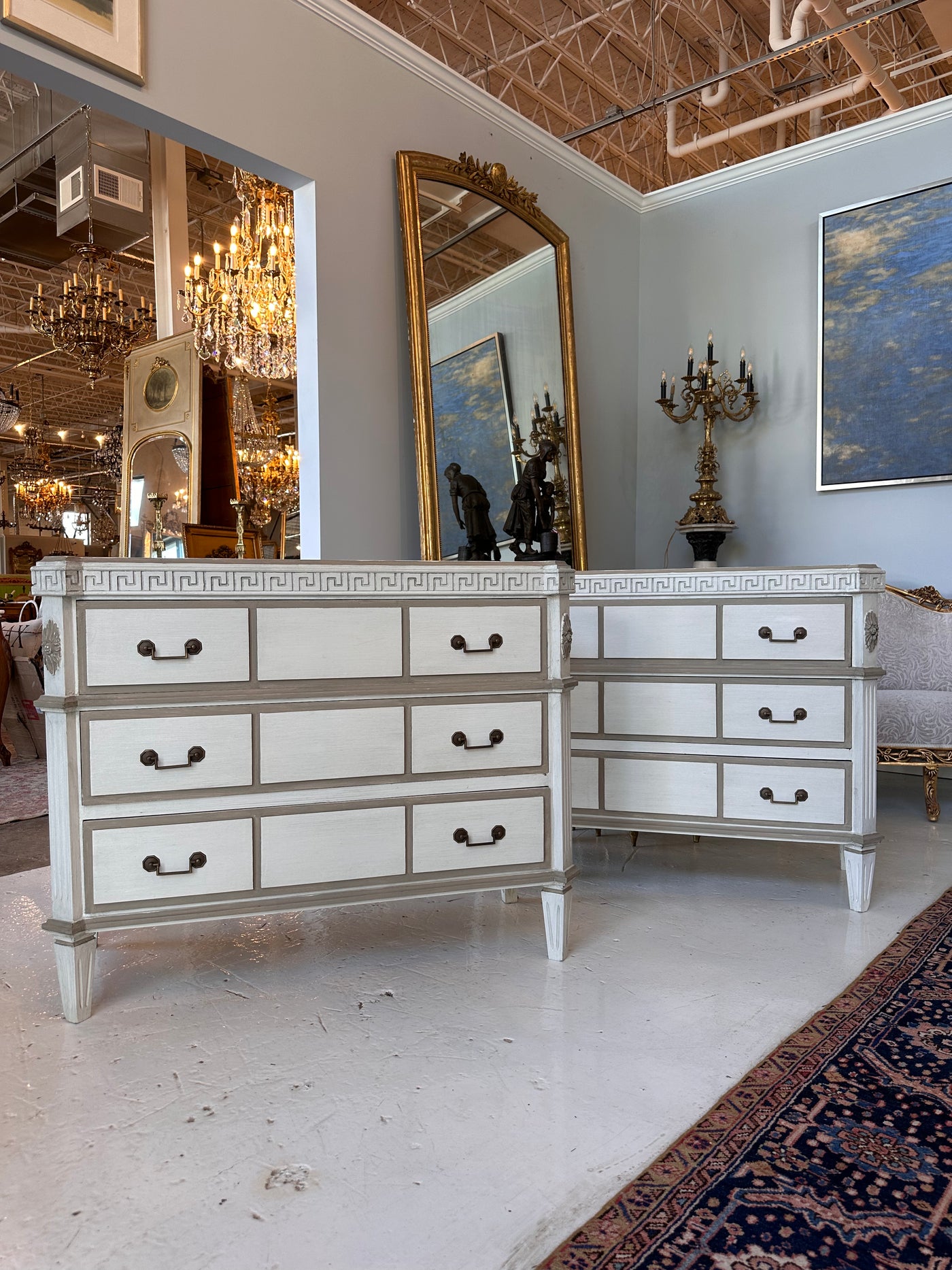 Greek Key Swedish Chest in Antique White with Taupe Trim | Le Chateau | European Luxury Furniture in Atlanta