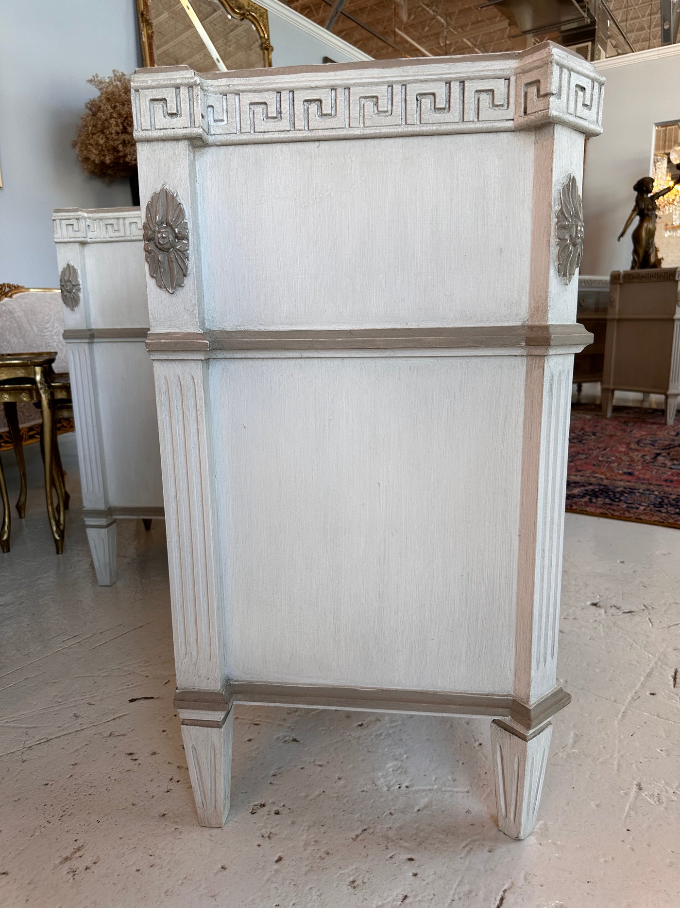 Greek Key Swedish Chest in Antique White with Taupe Trim | Le Chateau | European Luxury Furniture in Atlanta