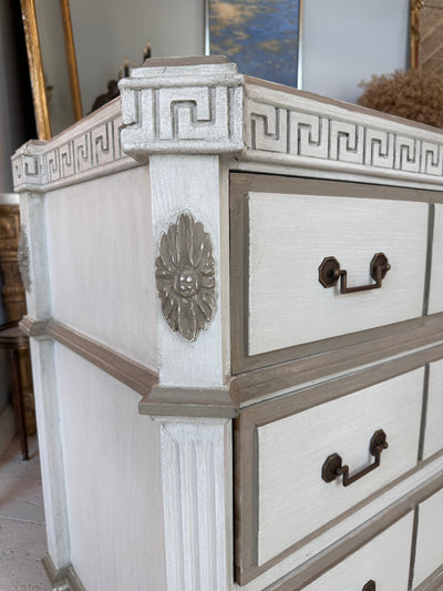 Greek Key Swedish Chest in Antique White with Taupe Trim | Le Chateau | European Luxury Furniture in Atlanta