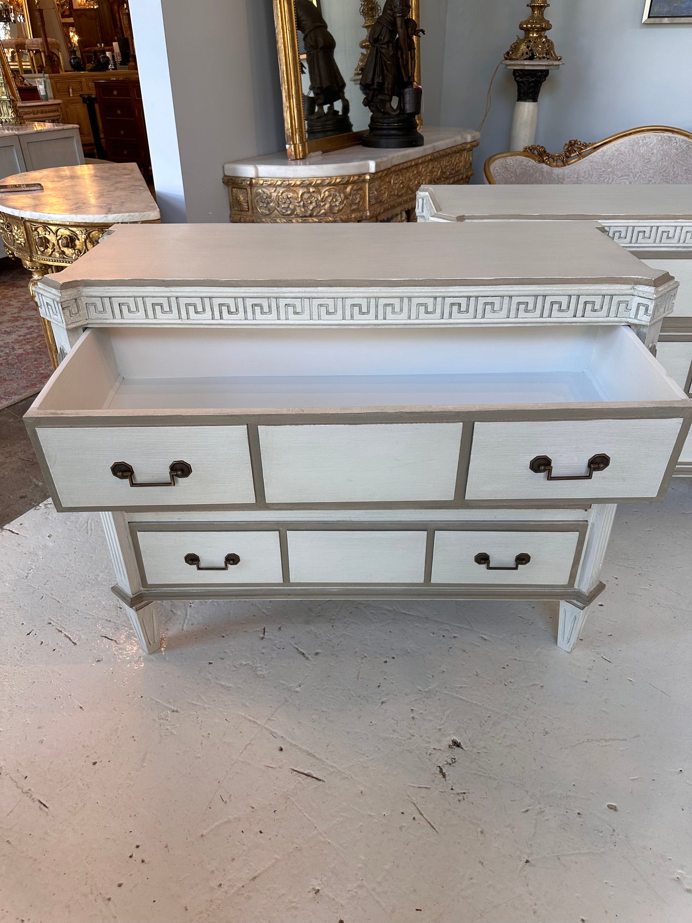 Greek Key Swedish Chest in Antique White with Taupe Trim | Le Chateau | European Luxury Furniture in Atlanta