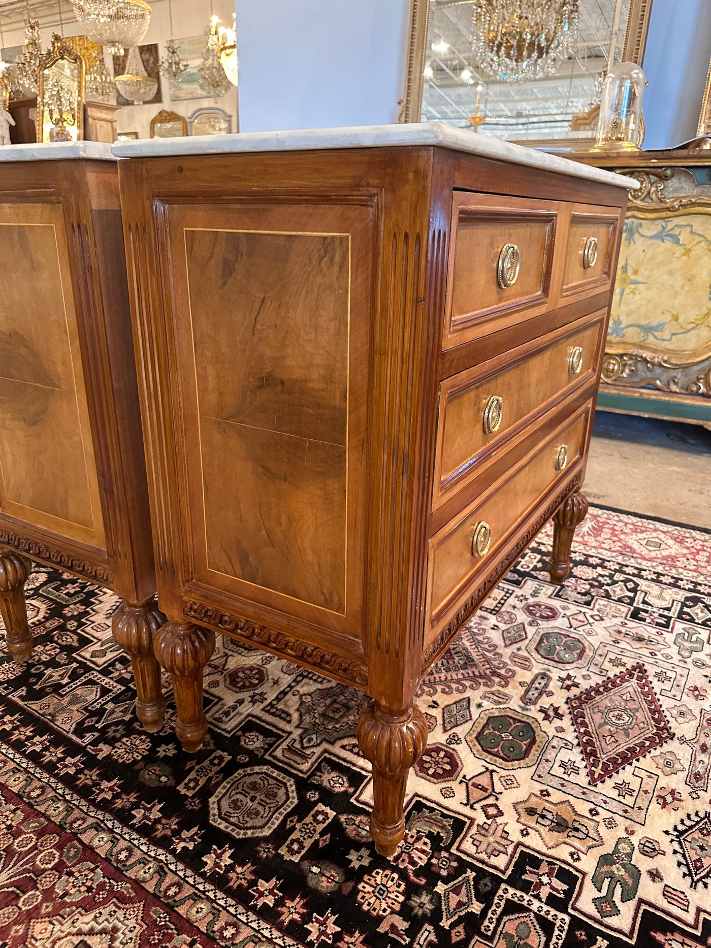 Carved Burl Wood Chests with Marble Top