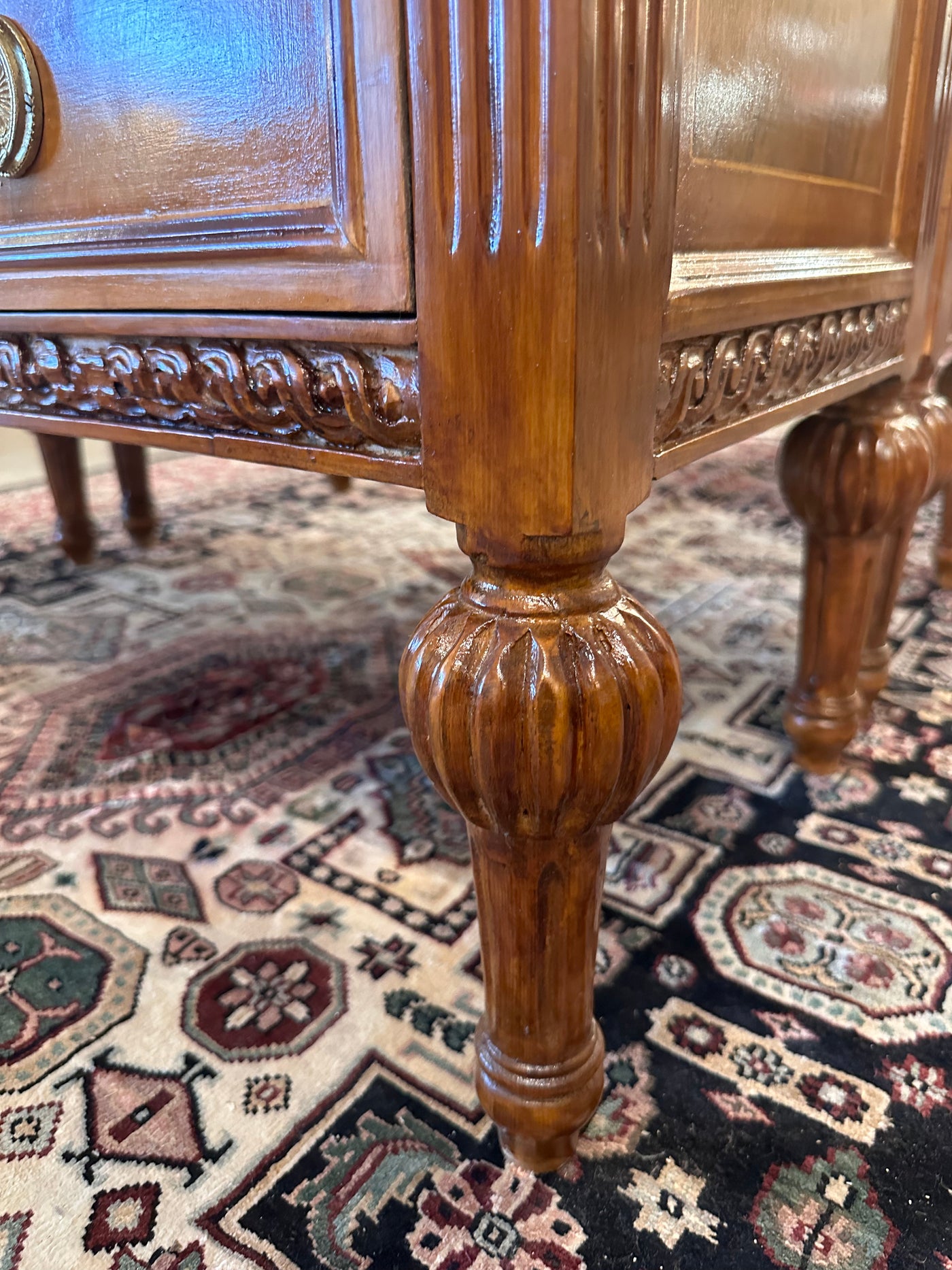 Carved Burl Wood Chests with Marble Top